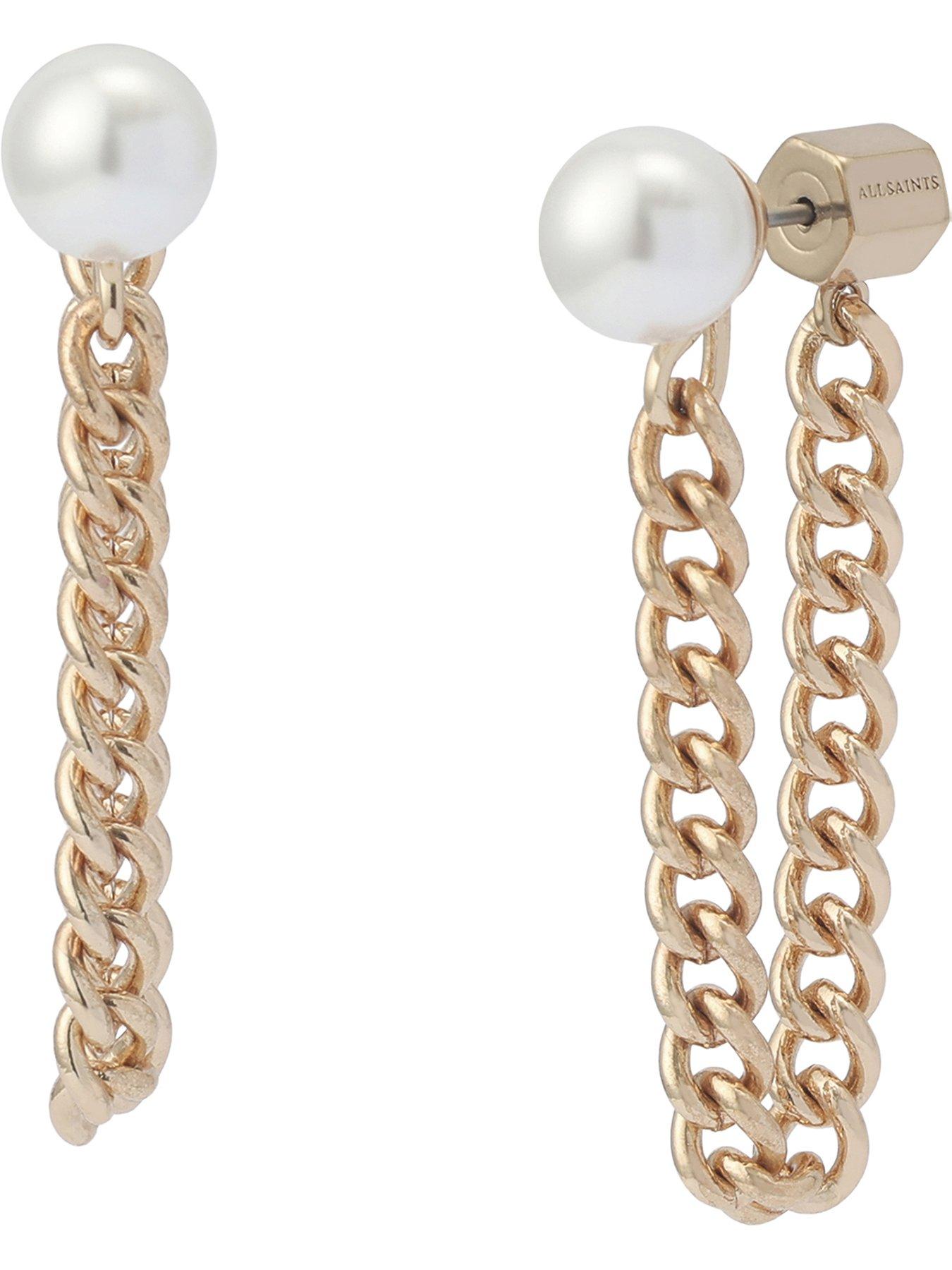 Image 1 of 4 of AllSaints Pearl Chain Front Back Earrings - Gold