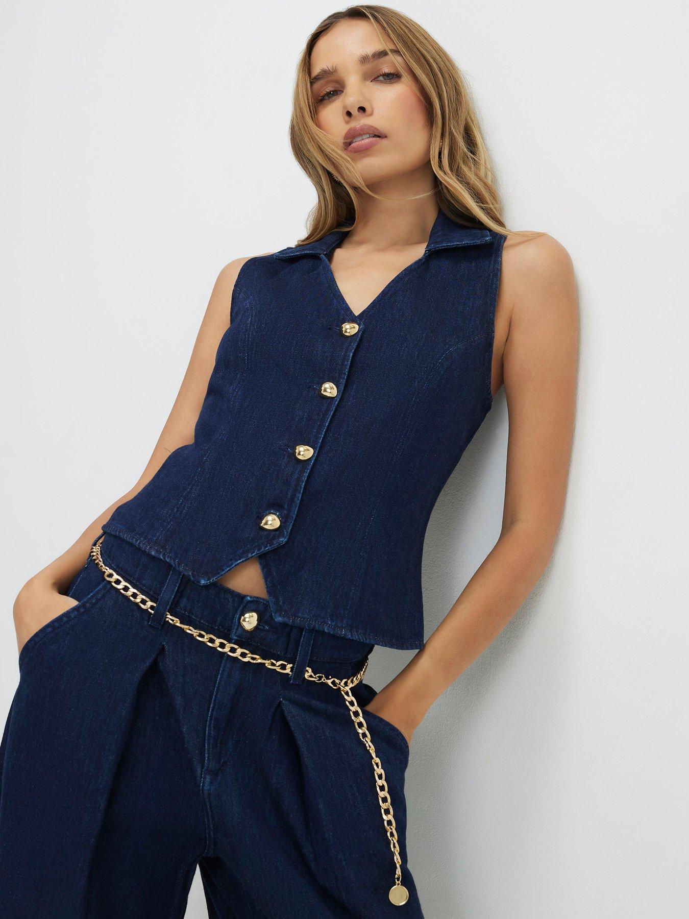 Image 1 of 4 of River Island Chloe Collared Denim Waistcoat - Blue