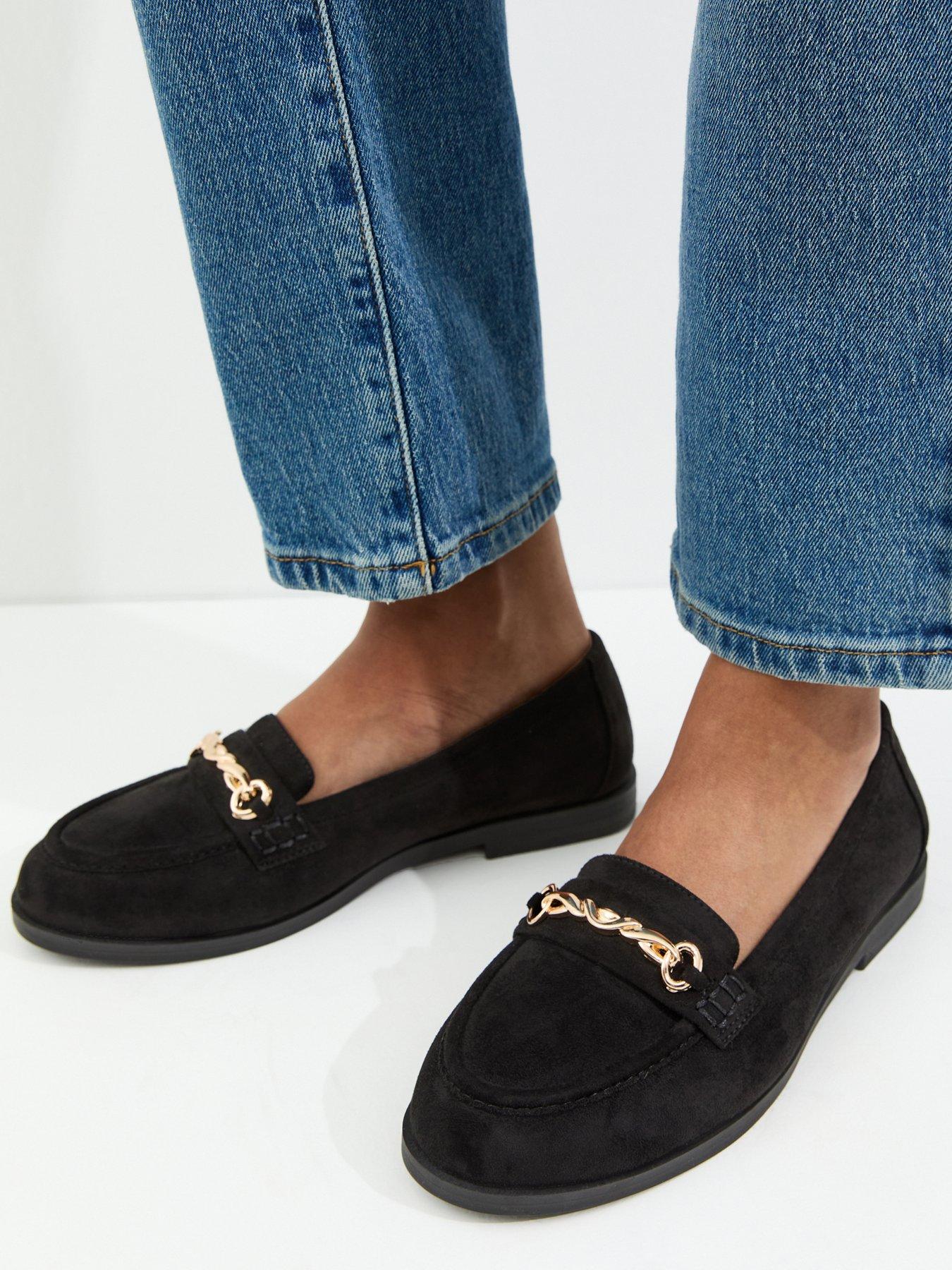 New Look Wide Fit Black Faux Suede Chain Loafers