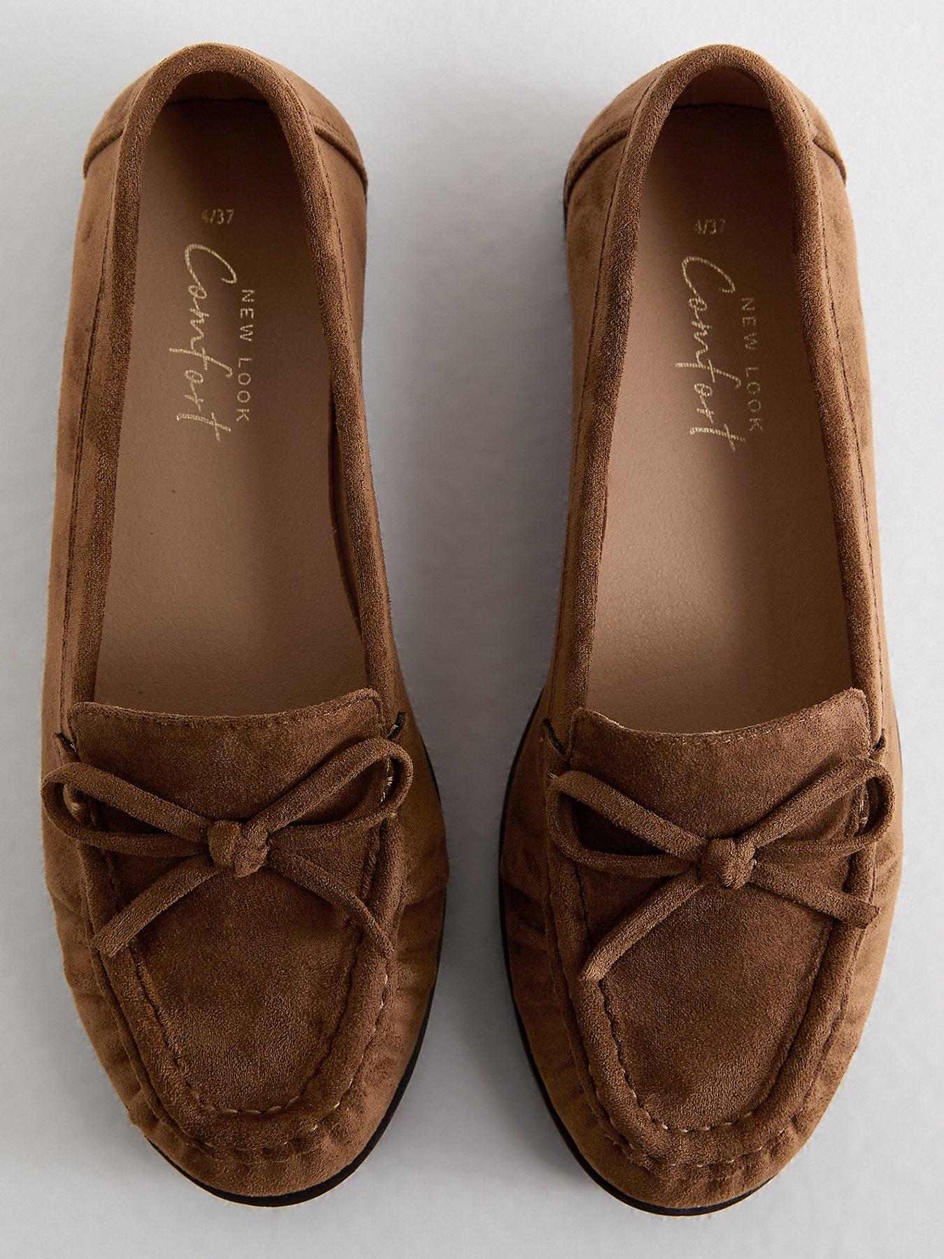 Image 4 of 5 of New Look Faux Suede Bow Flat Loafers - Tan