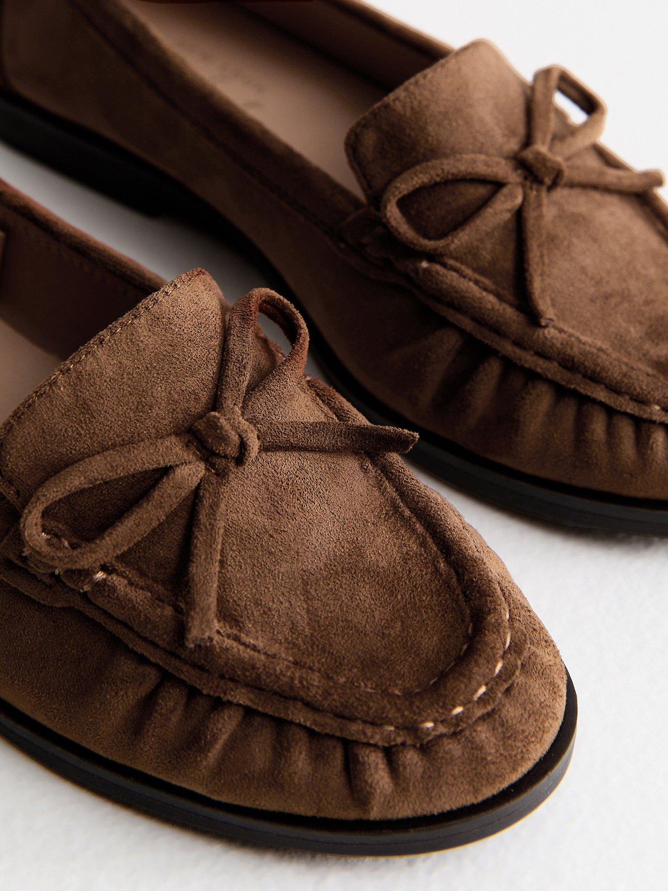 Image 5 of 5 of New Look Faux Suede Bow Flat Loafers - Tan