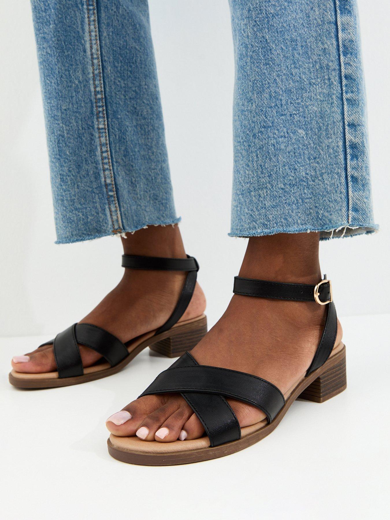 New Look Wide Fit Black Faux Leather Block Heel Sandals | Littlewoods