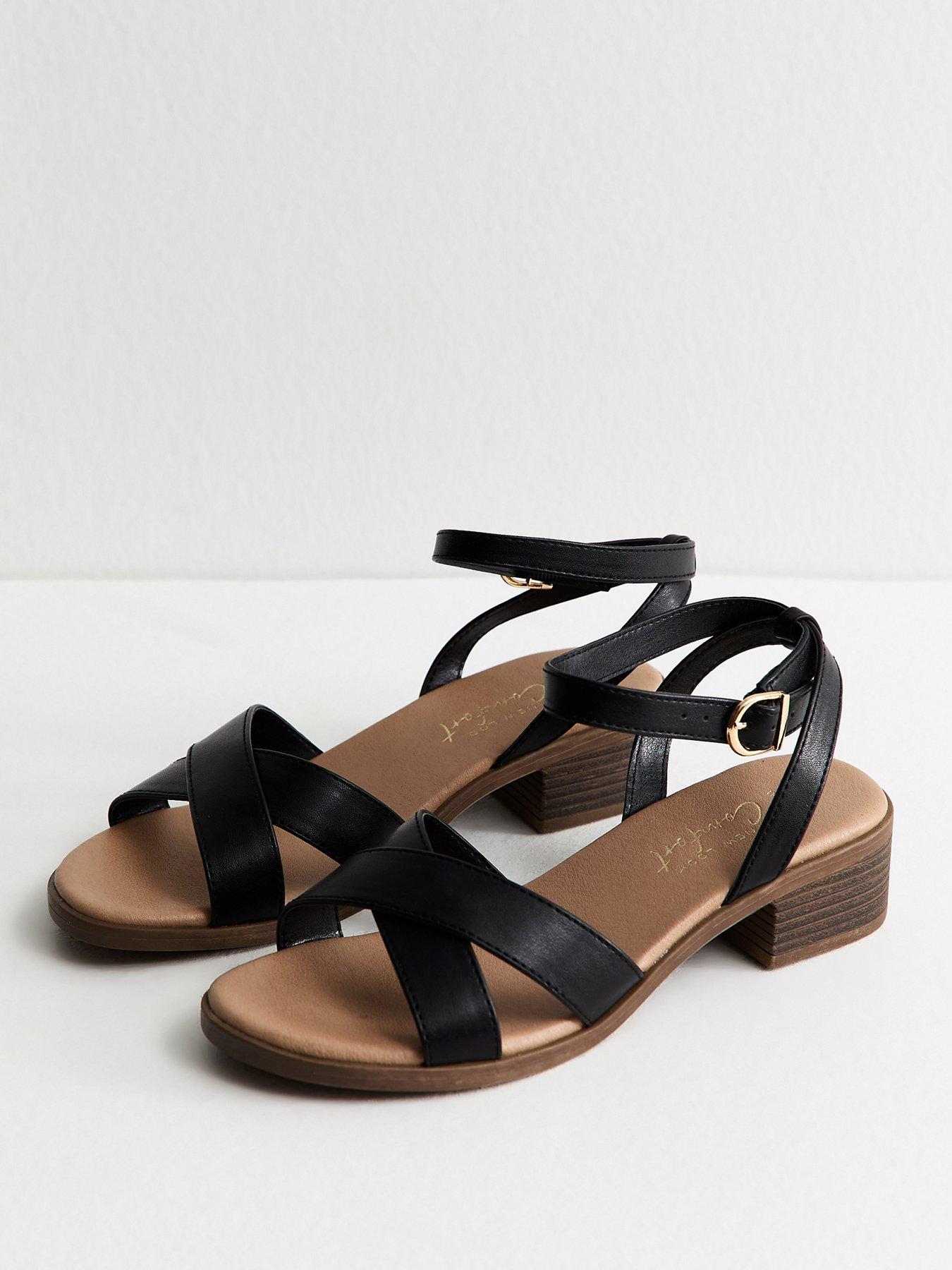 New Look Wide Fit Black Faux Leather Block Heel Sandals | Littlewoods