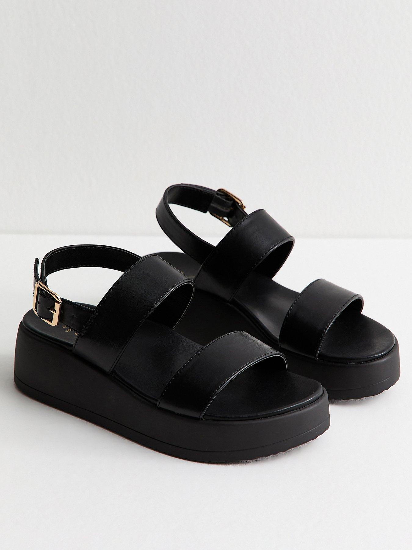 New Look Wide Fit Faux Leather Flatform Sandals - Black | Littlewoods