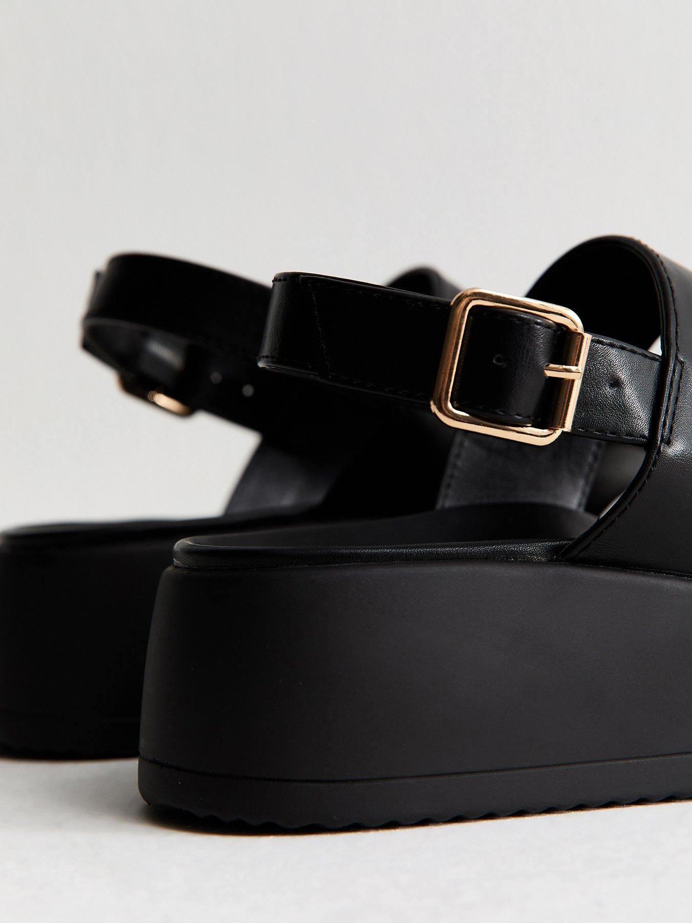 New Look Wide Fit Faux Leather Flatform Sandals - Black | Littlewoods