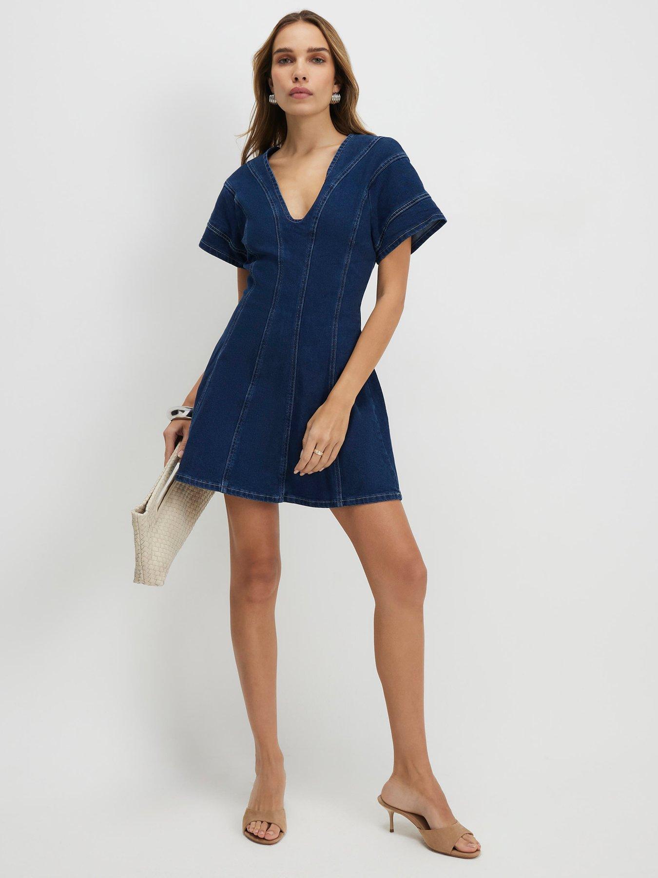 River Island Denim Short Sleeve Seamed Mini Dress - Blue