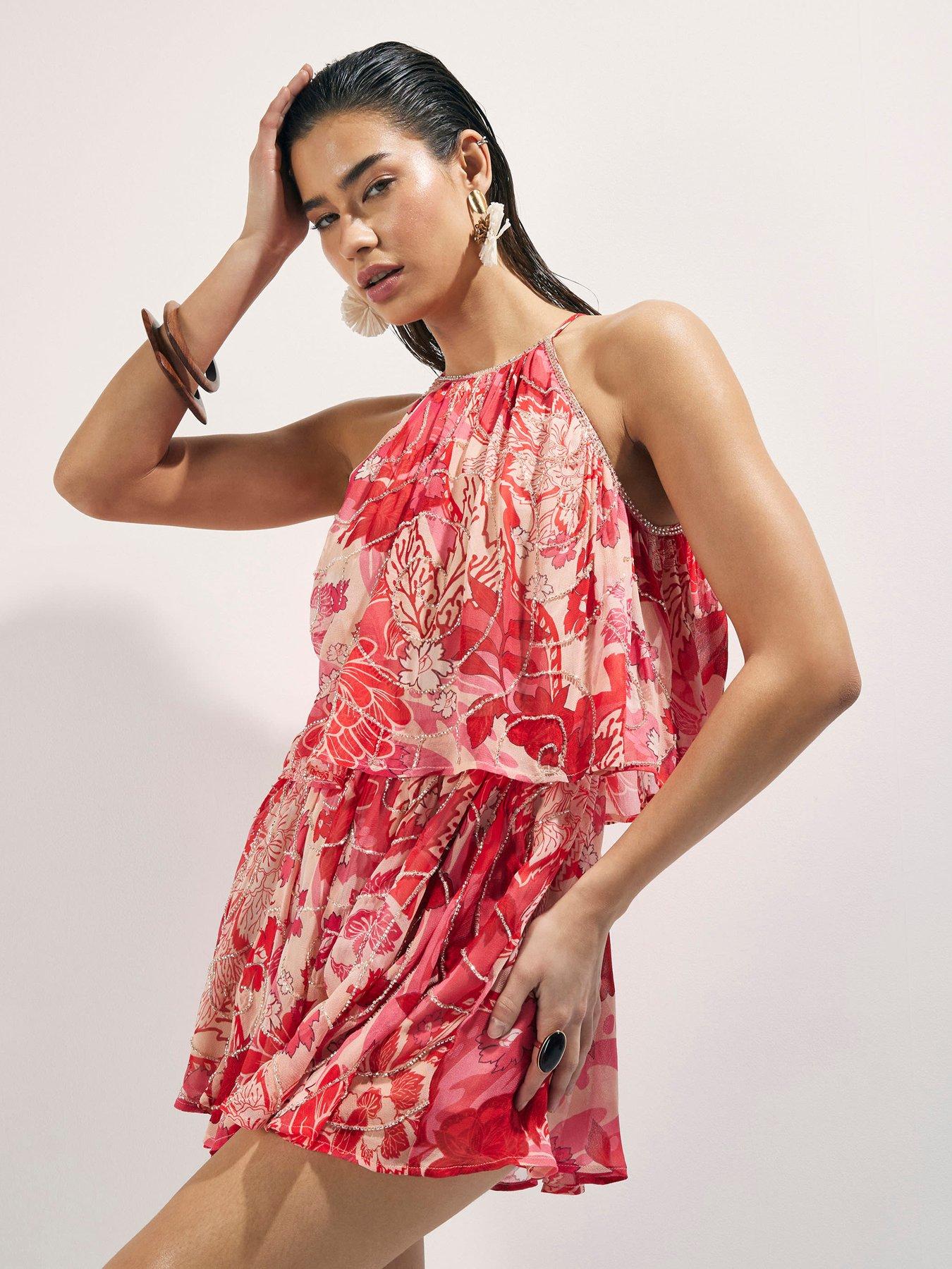 Image 1 of 4 of River Island Printed Embellished Playsuit - Red