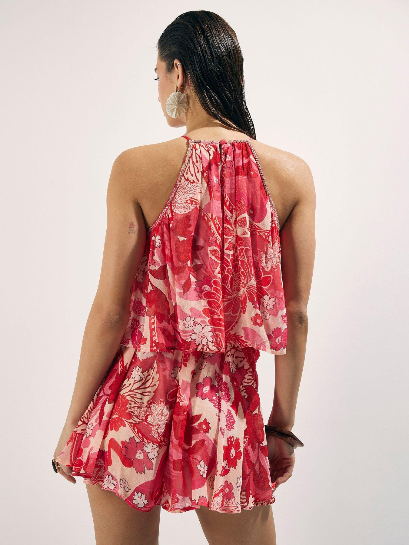 Image 2 of 4 of River Island Printed Embellished Playsuit - Red