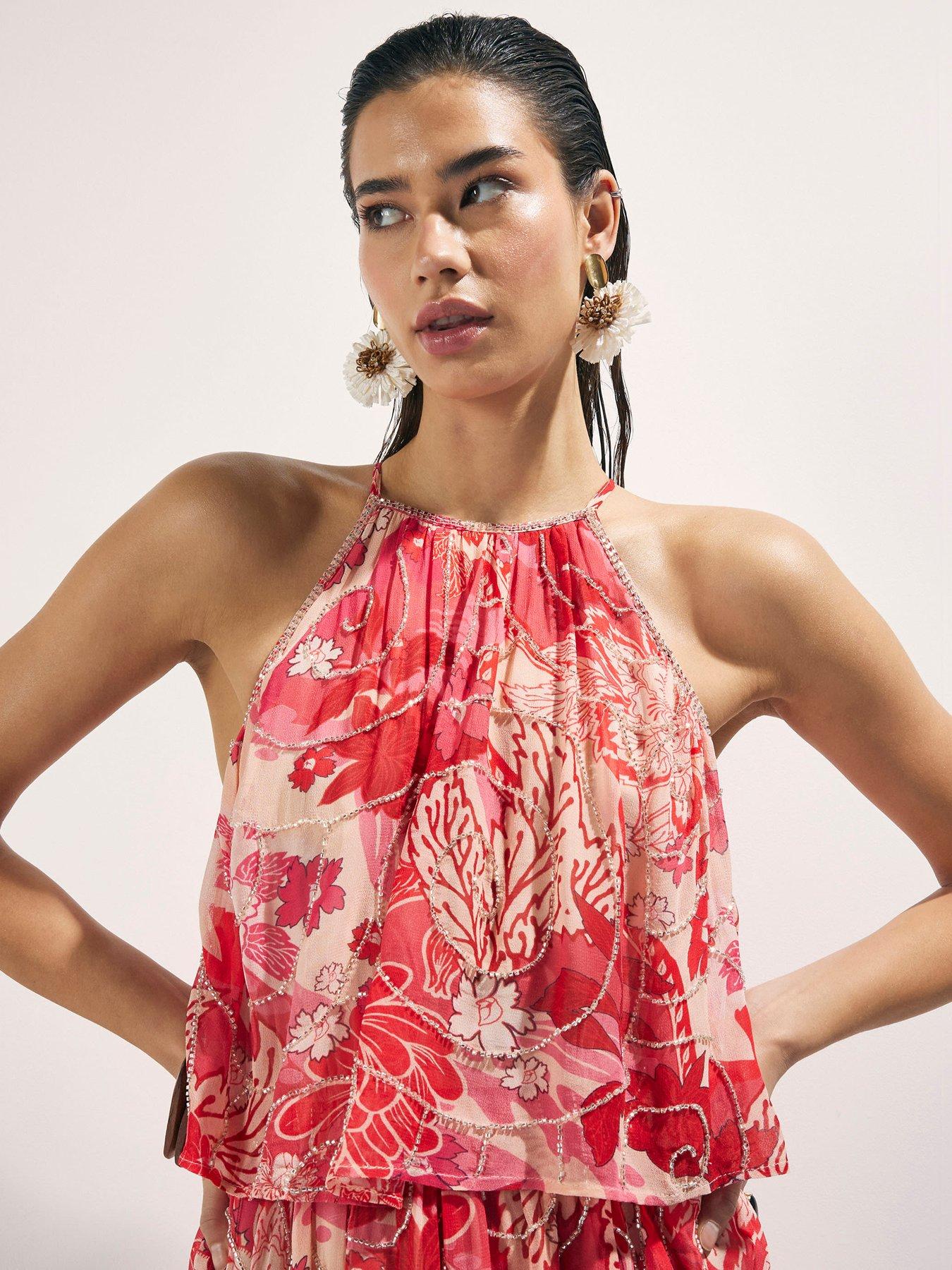 Image 4 of 4 of River Island Printed Embellished Playsuit - Red