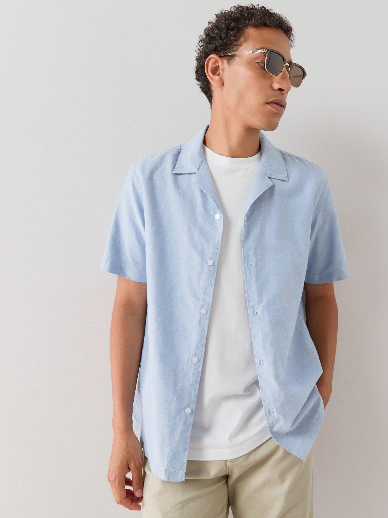 The Very Collection Short Sleeve Revere Collar Oxford Shirt - Blue Marl