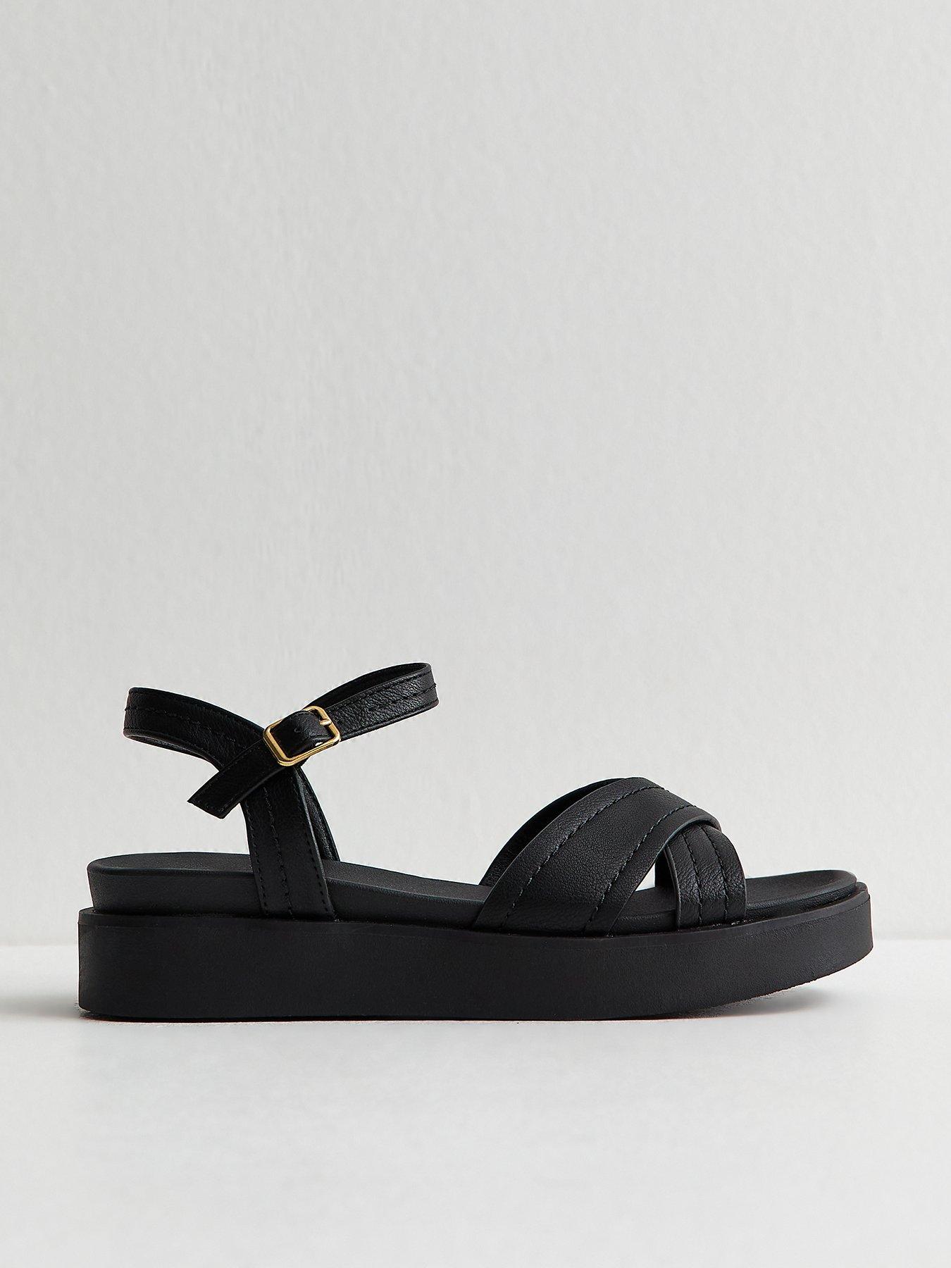 New Look Faux Leather Cross Over Flatform Sandals - Black