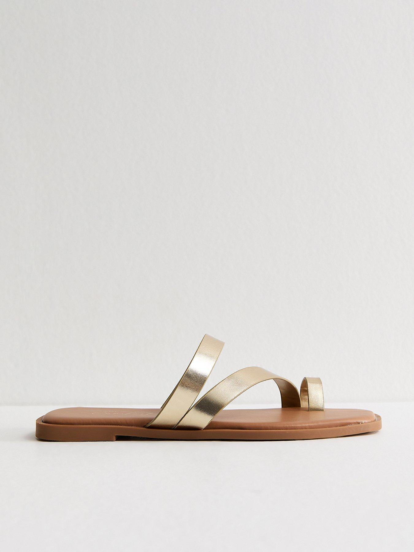 Image 1 of 5 of New Look Faux Leather Multi Strap Toe Post Sandals - Gold