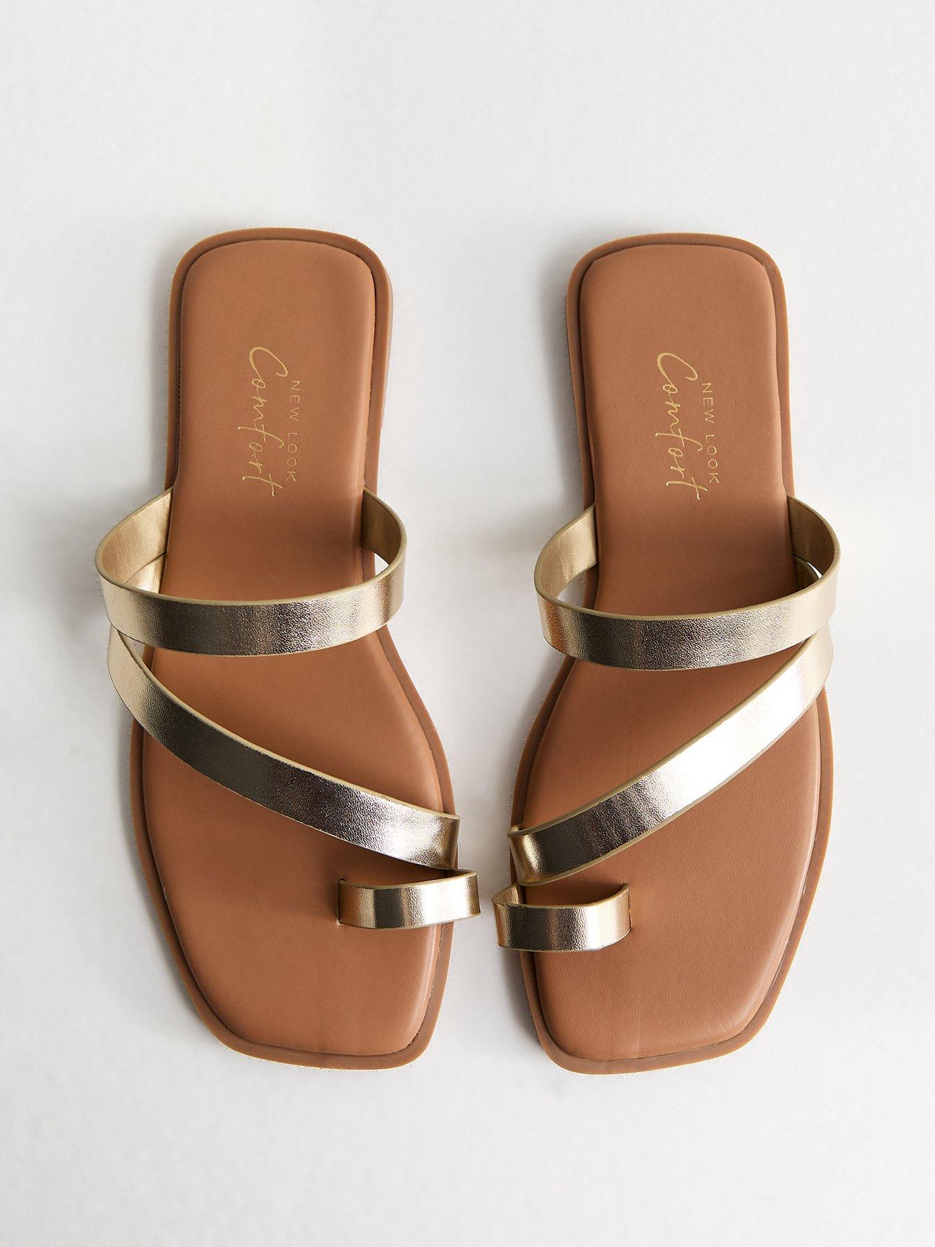 Image 4 of 5 of New Look Faux Leather Multi Strap Toe Post Sandals - Gold