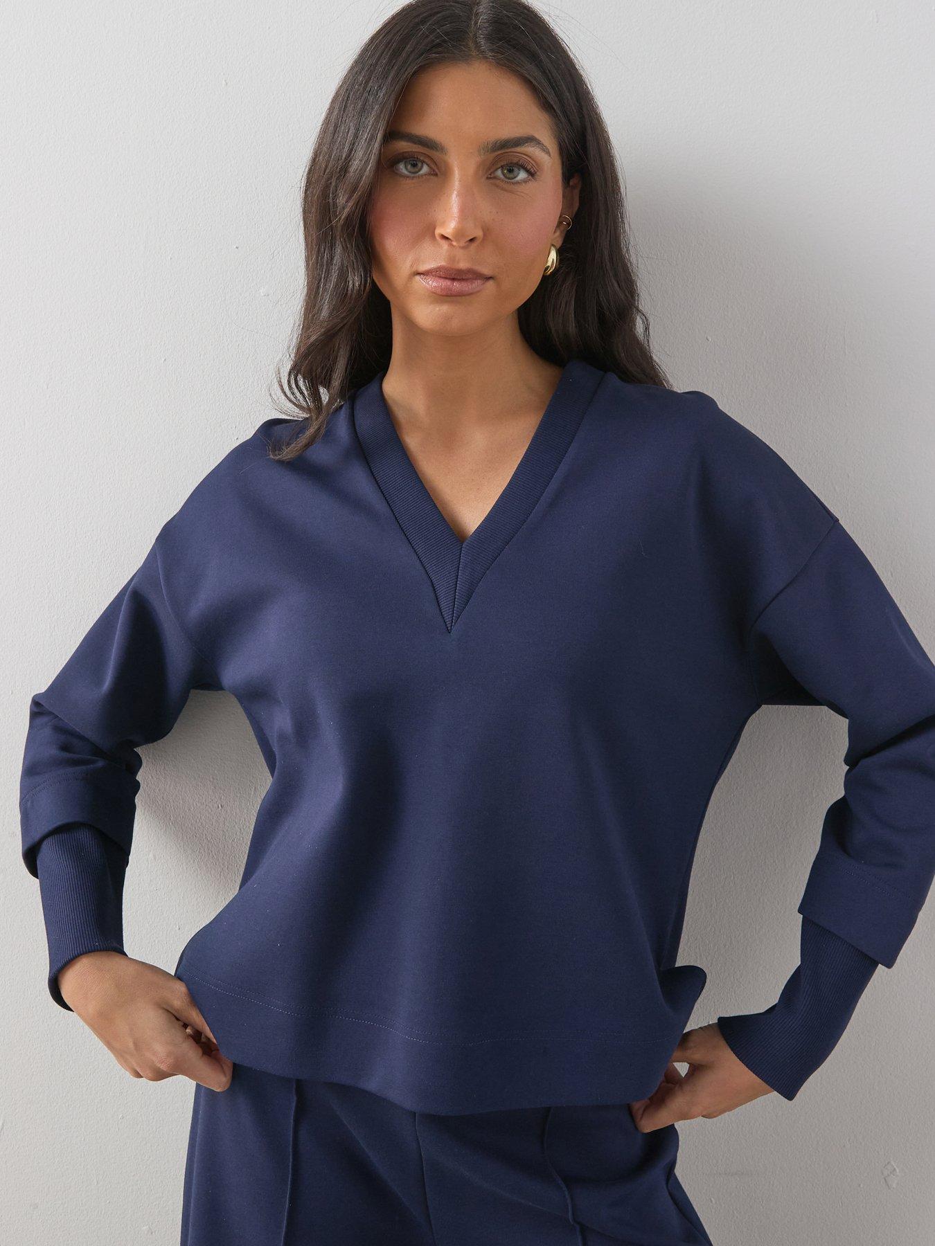 Image 1 of 6 of The Very Collection Soft Touch V Neck Collared Deep Cuff Sweatshirt Co-Ord - Blue