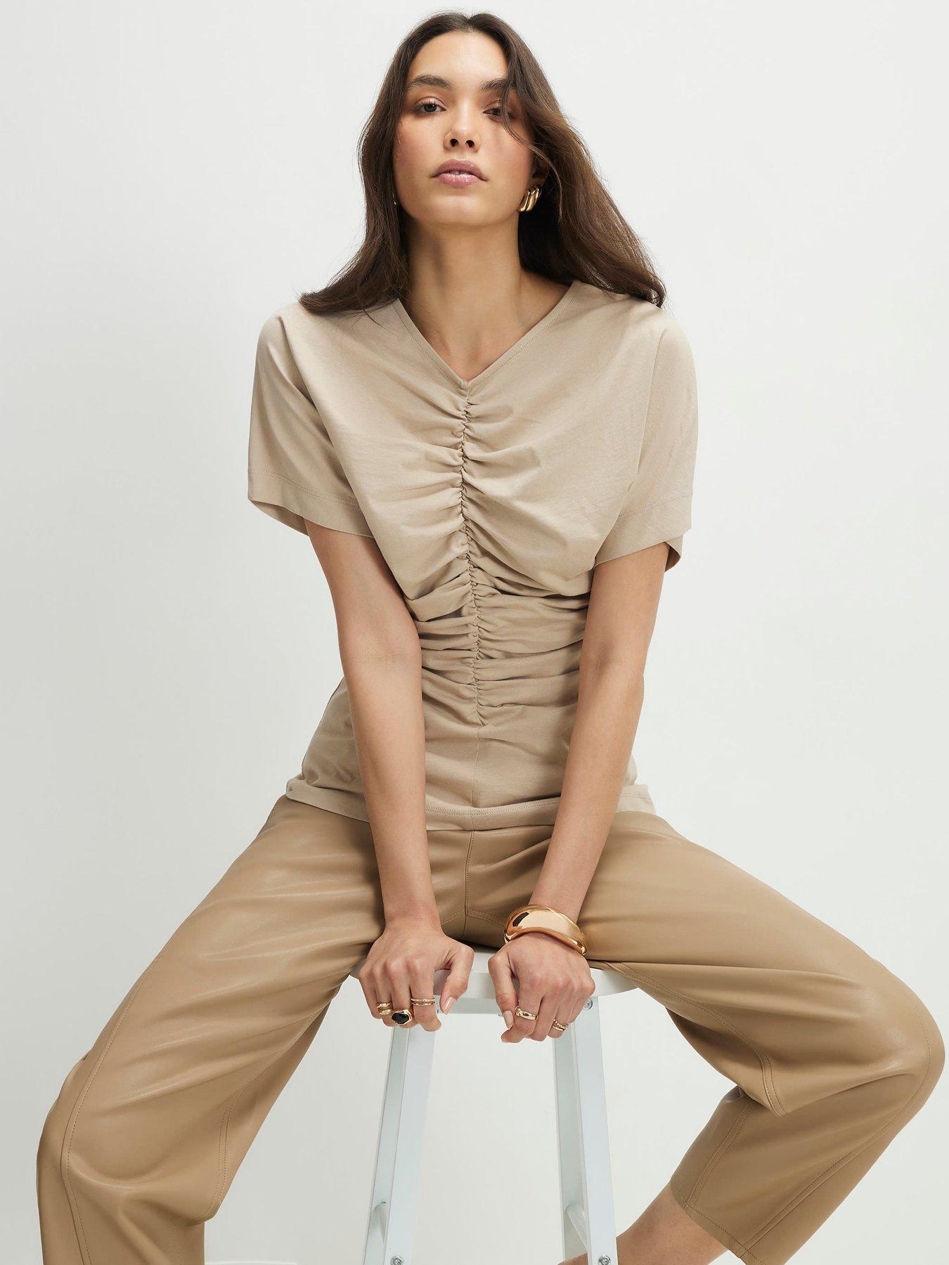 River Island Short Sleeve Ruched Front T-Shirt - Beige