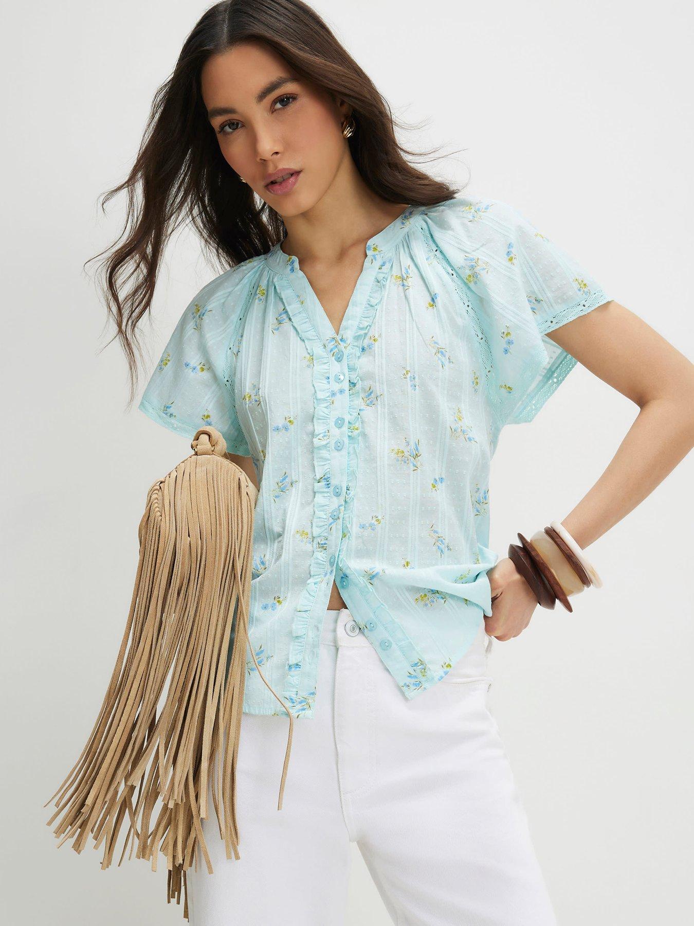 River Island Short Sleeve Ditsy Frill V Neck Top - Blue
