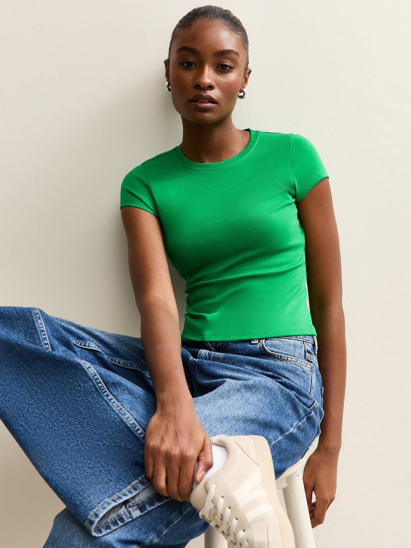 Image 1 of 5 of New Look Short Sleeve Fitted Top - Dark Green