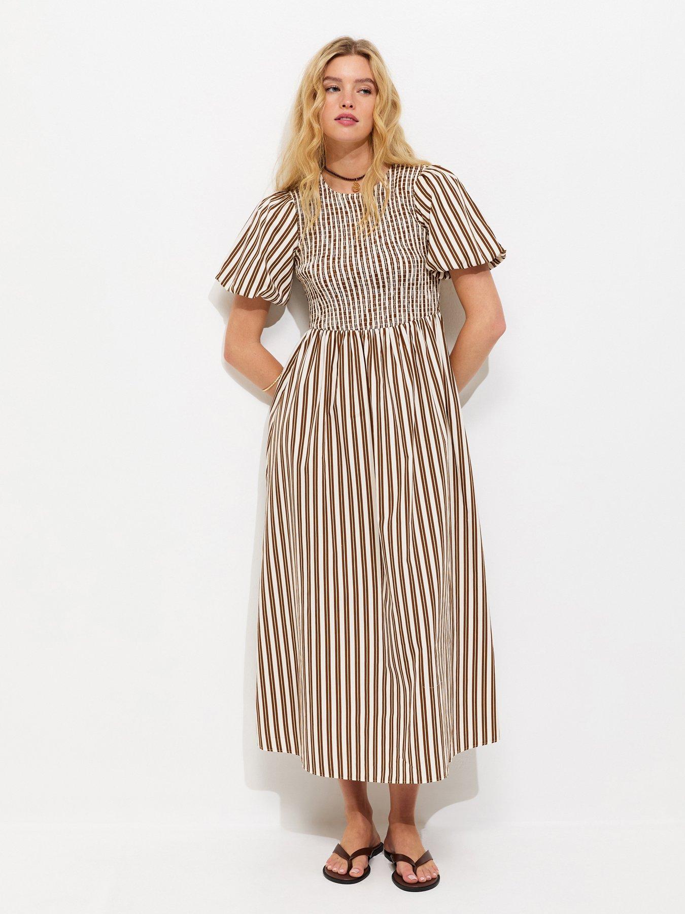 New Look Striped Puff Sleeves Shirred Smock Midi Dress - Brown