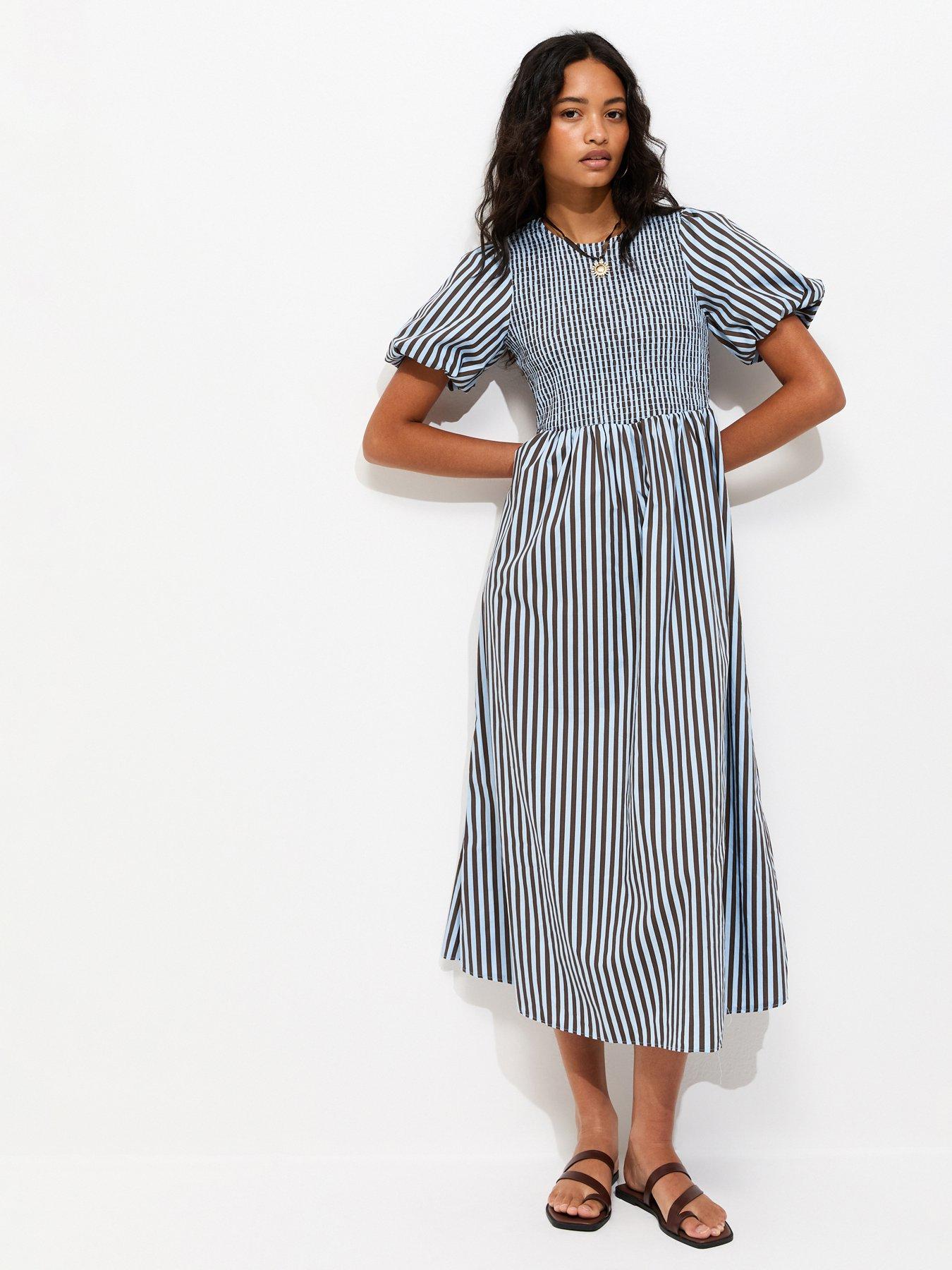 New Look Blue Cotton Striped Shirred Midi Dress