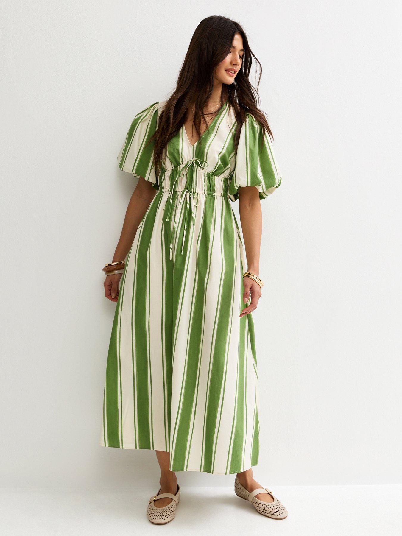 New Look Green Striped Puff Sleeve Midi Dress