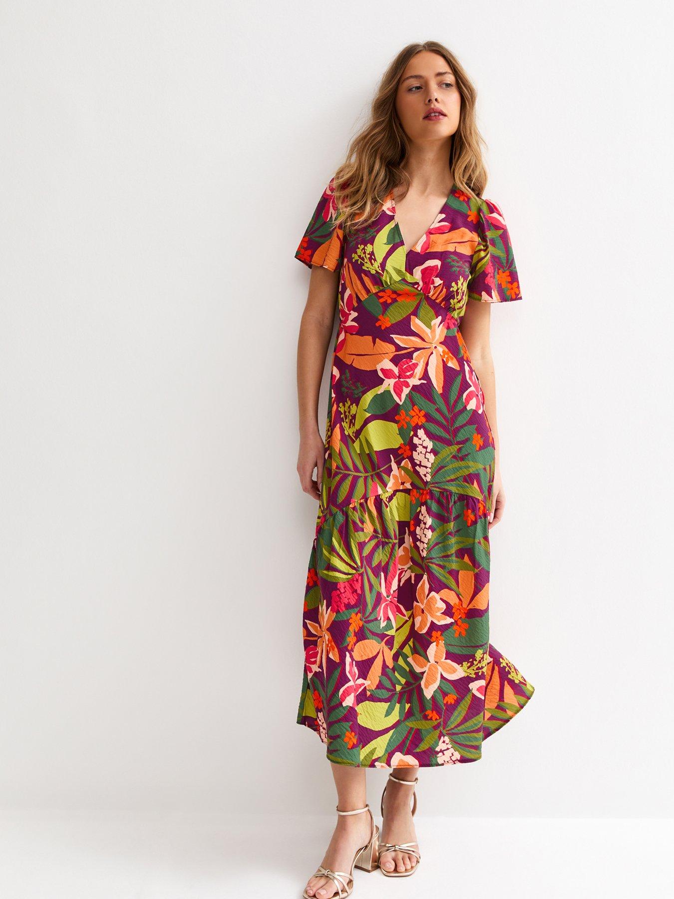 new-look-crinkle-texture-leaf-print-tiered-midi-tea-dress-purple