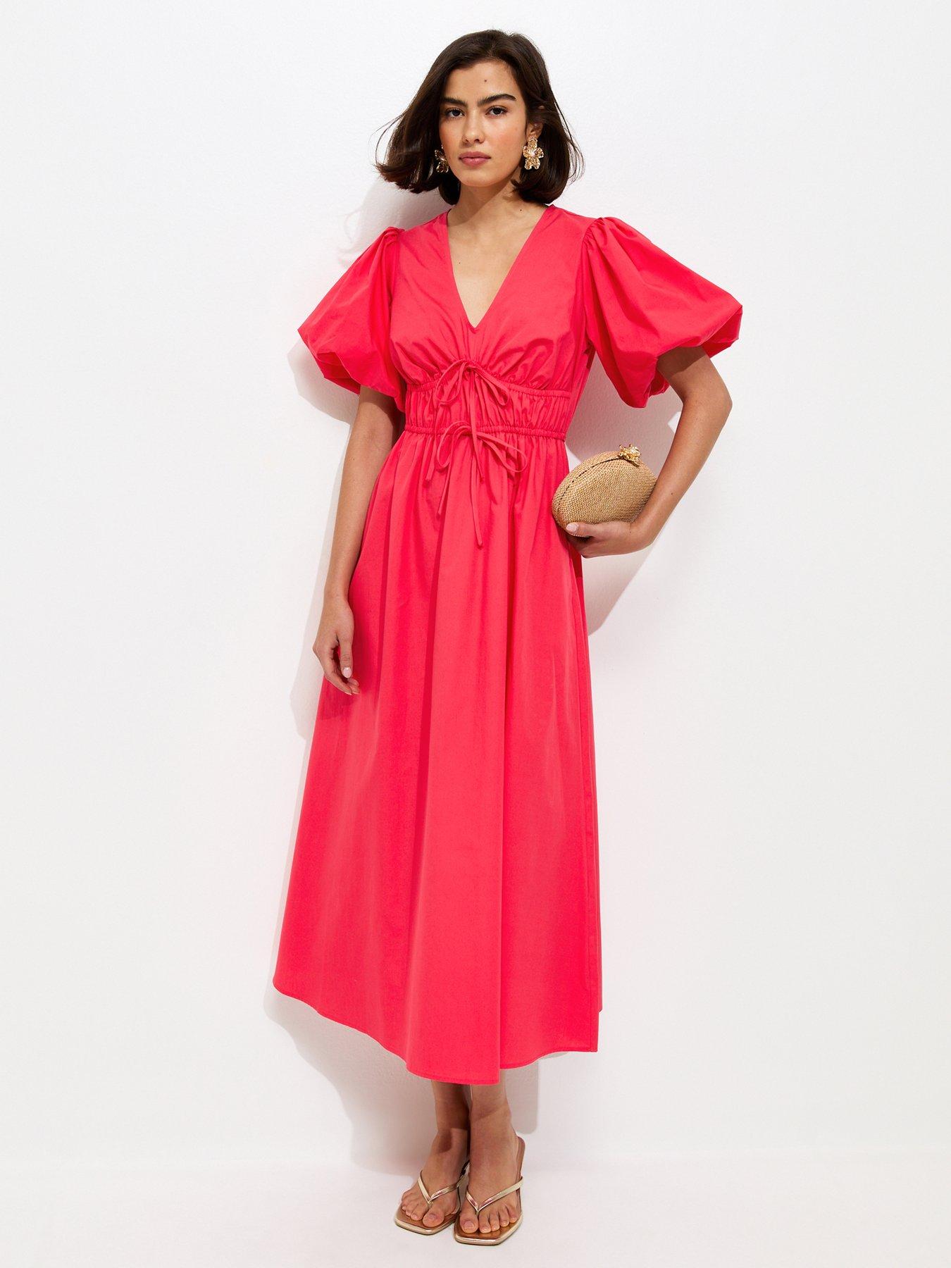 New Look Dark Coral Cotton Puff Sleeve Midi Dress - Orange