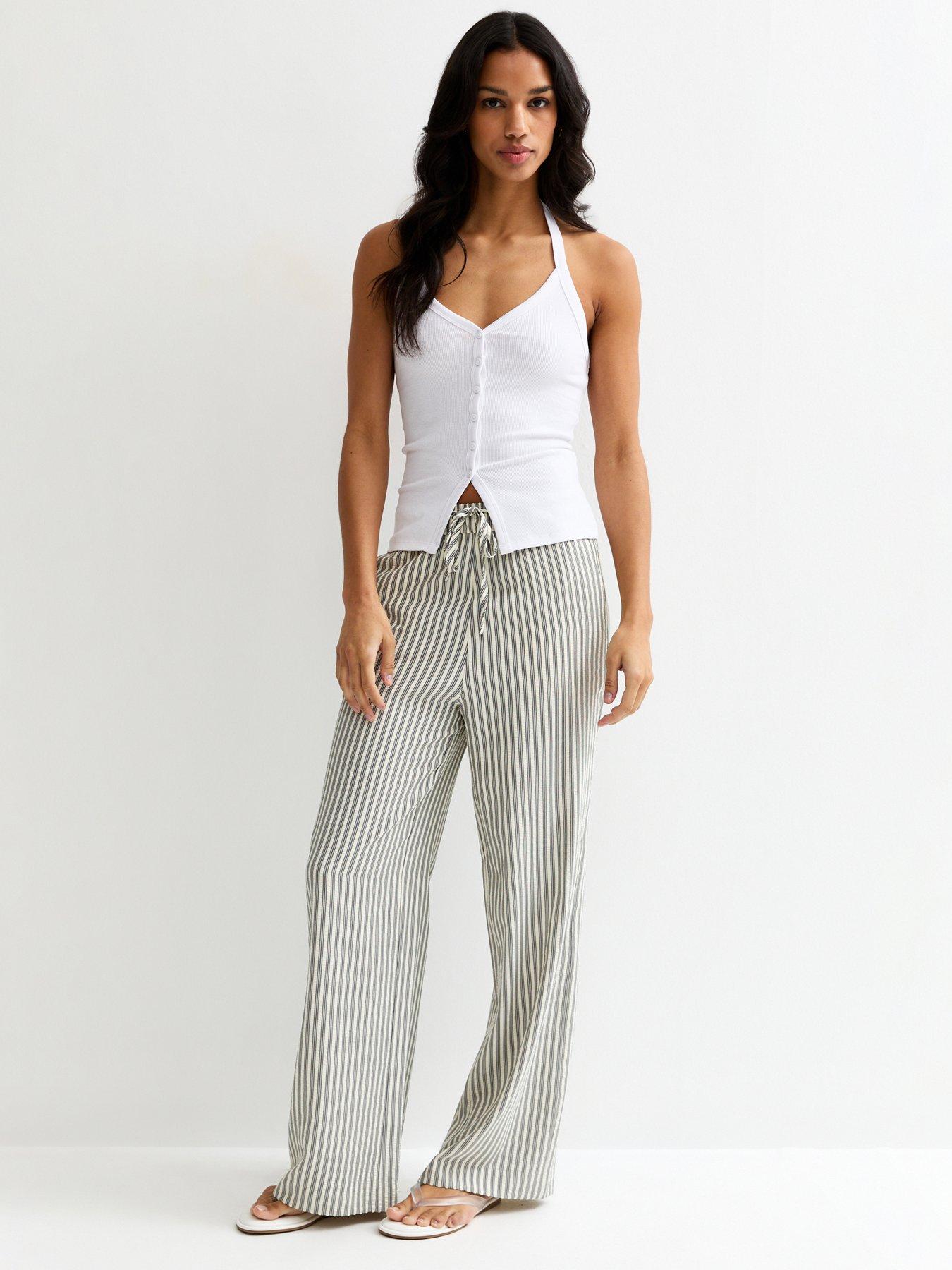 New Look Cream Striped Seersucker Wide Leg Trousers