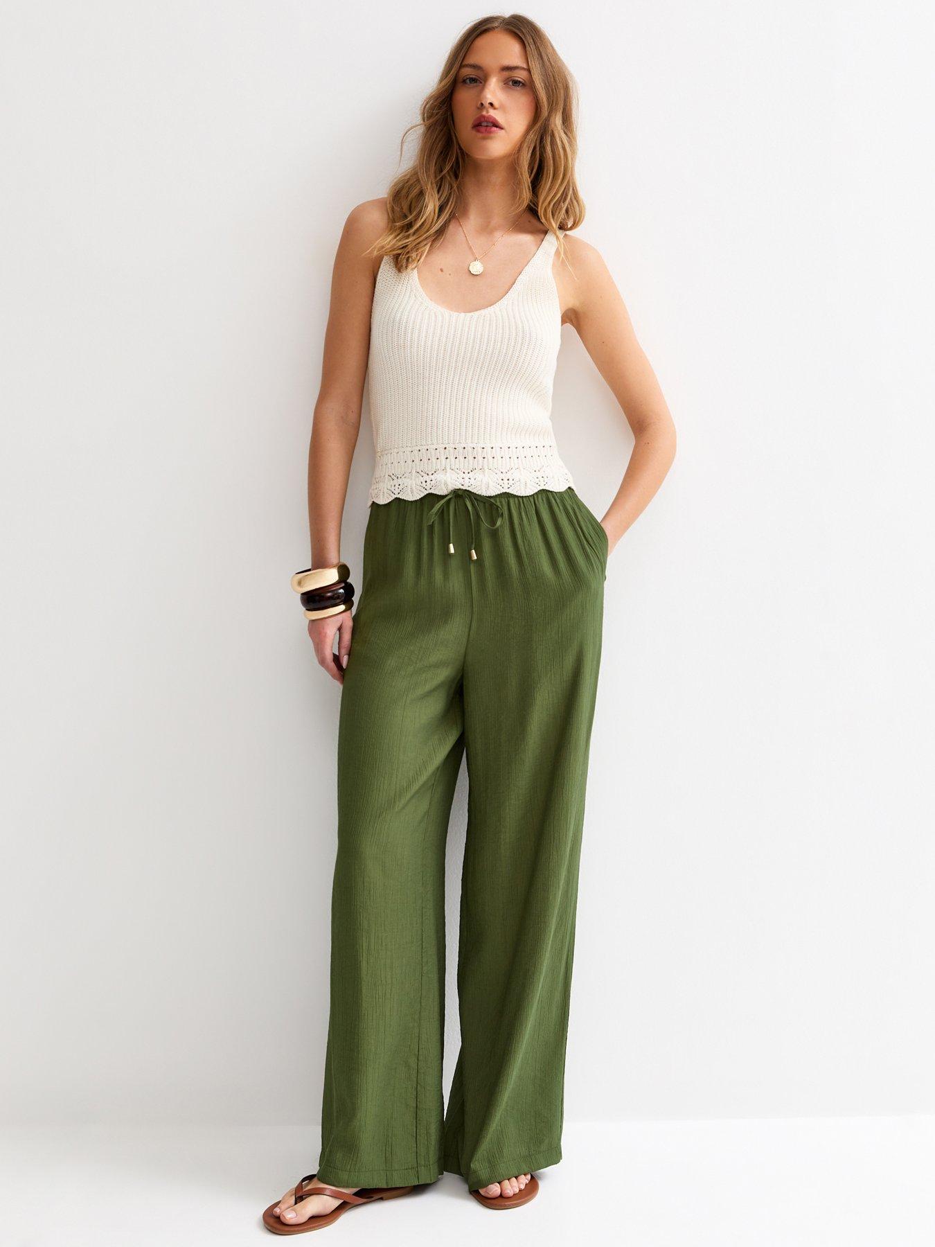 New Look Khaki Crinkle Wide Leg Trousers - Green
