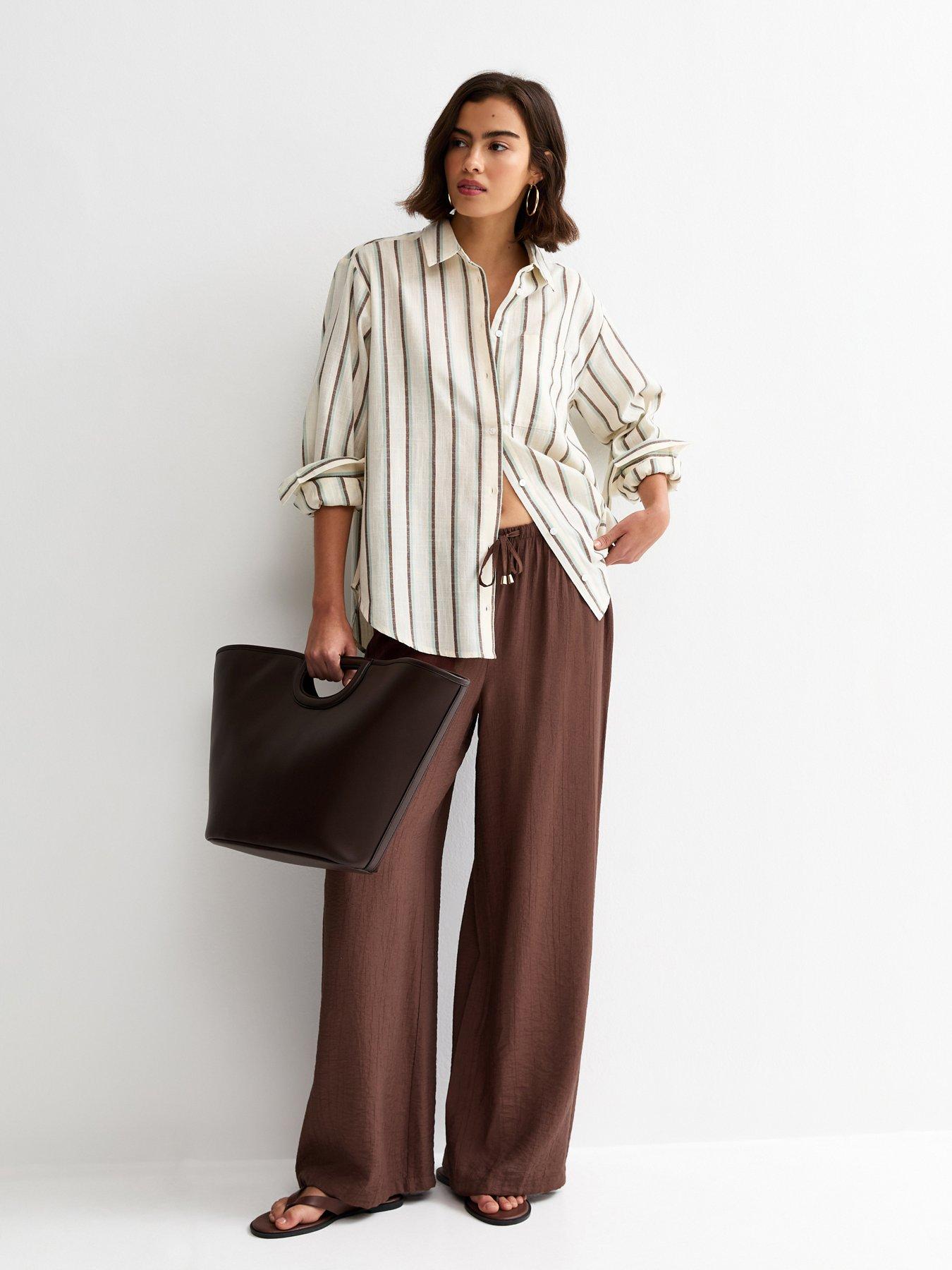 New Look Crinkle Wide Leg Trousers - Dark Brown | Littlewoods