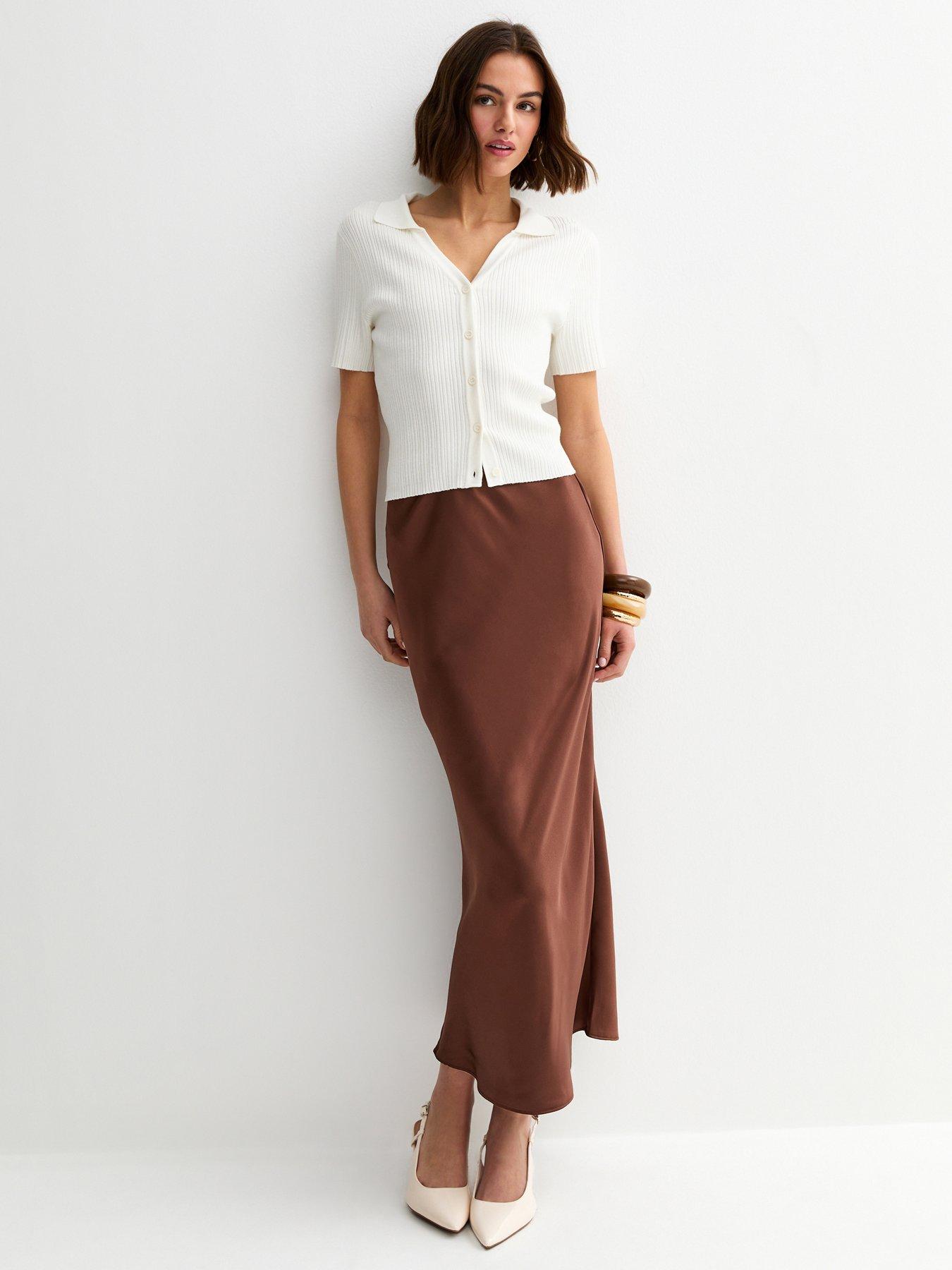New Look Satin Bias Cut Midi Skirt - Dark Brown