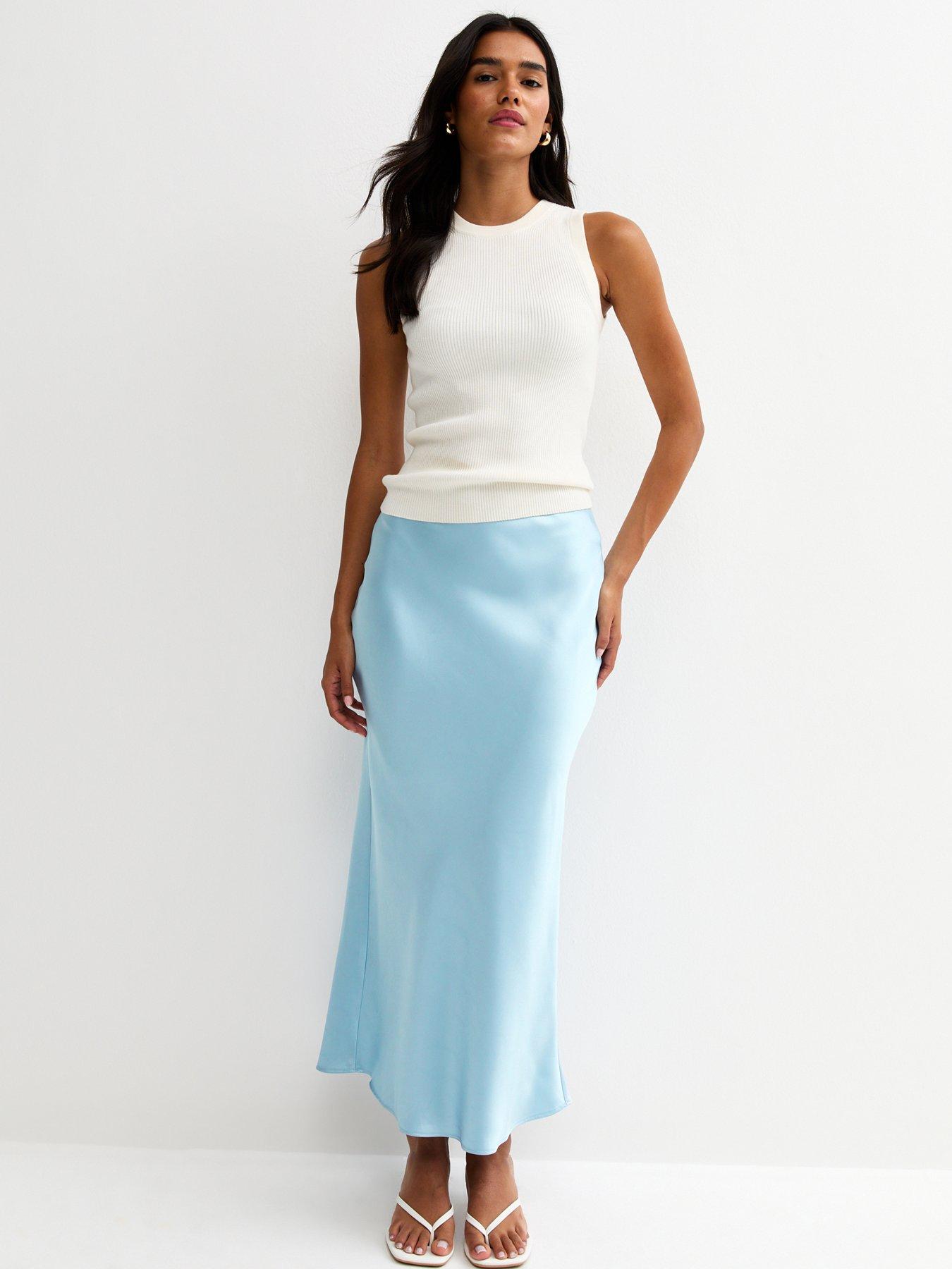 New Look Satin Bias Cut Midi Skirt - Light Blue
