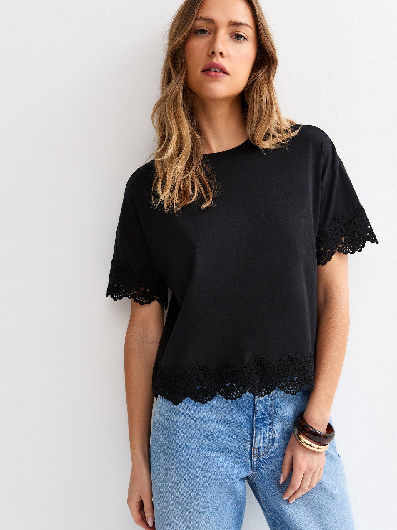 Image 1 of 5 of New Look Black Lace Trim Top