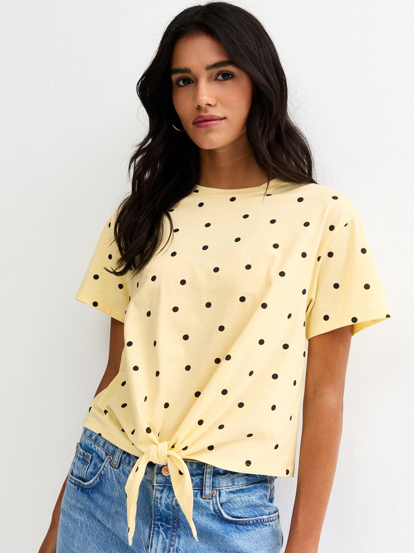 New Look Polka Dot Tie Front Top - Yellow