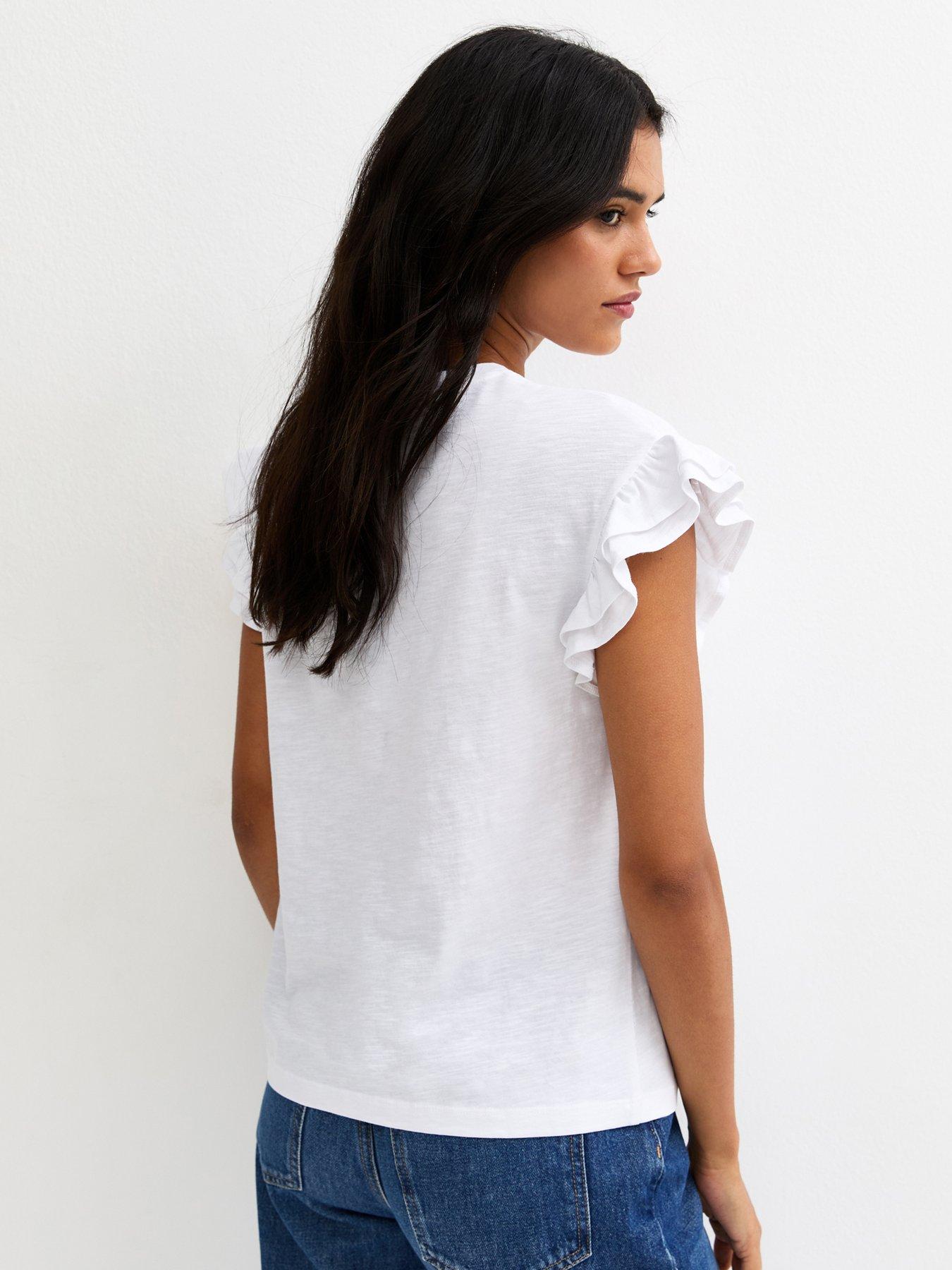  image of new-look-cotton-slub-frill-sleeve-t-shirt-white