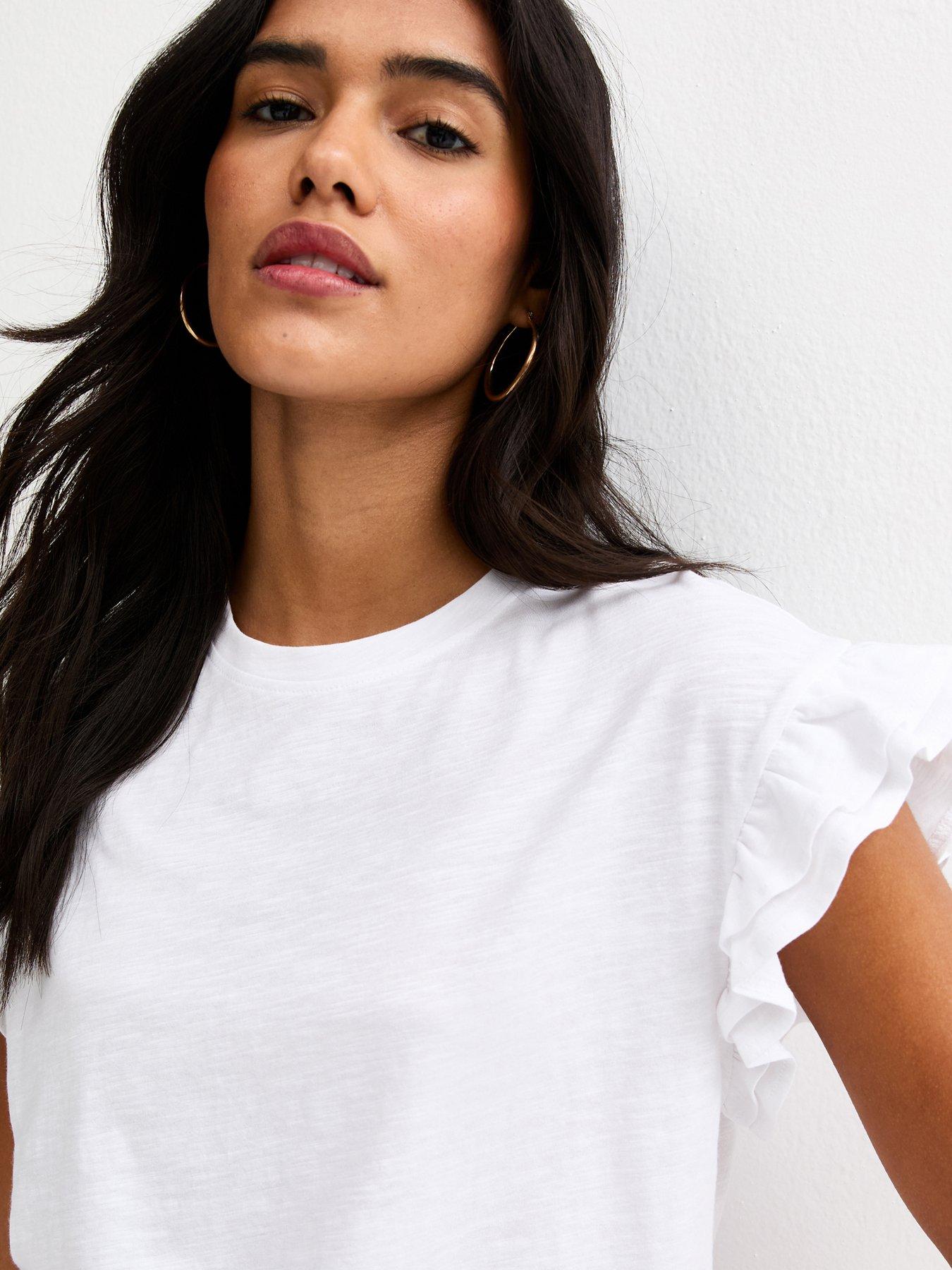  image of new-look-cotton-slub-frill-sleeve-t-shirt-white