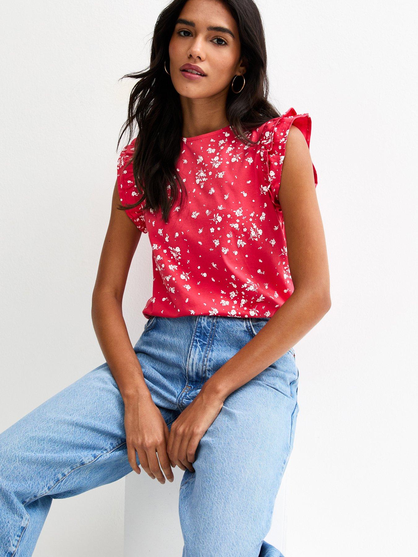 New Look Ditsy Frill Sleeve Top - Red