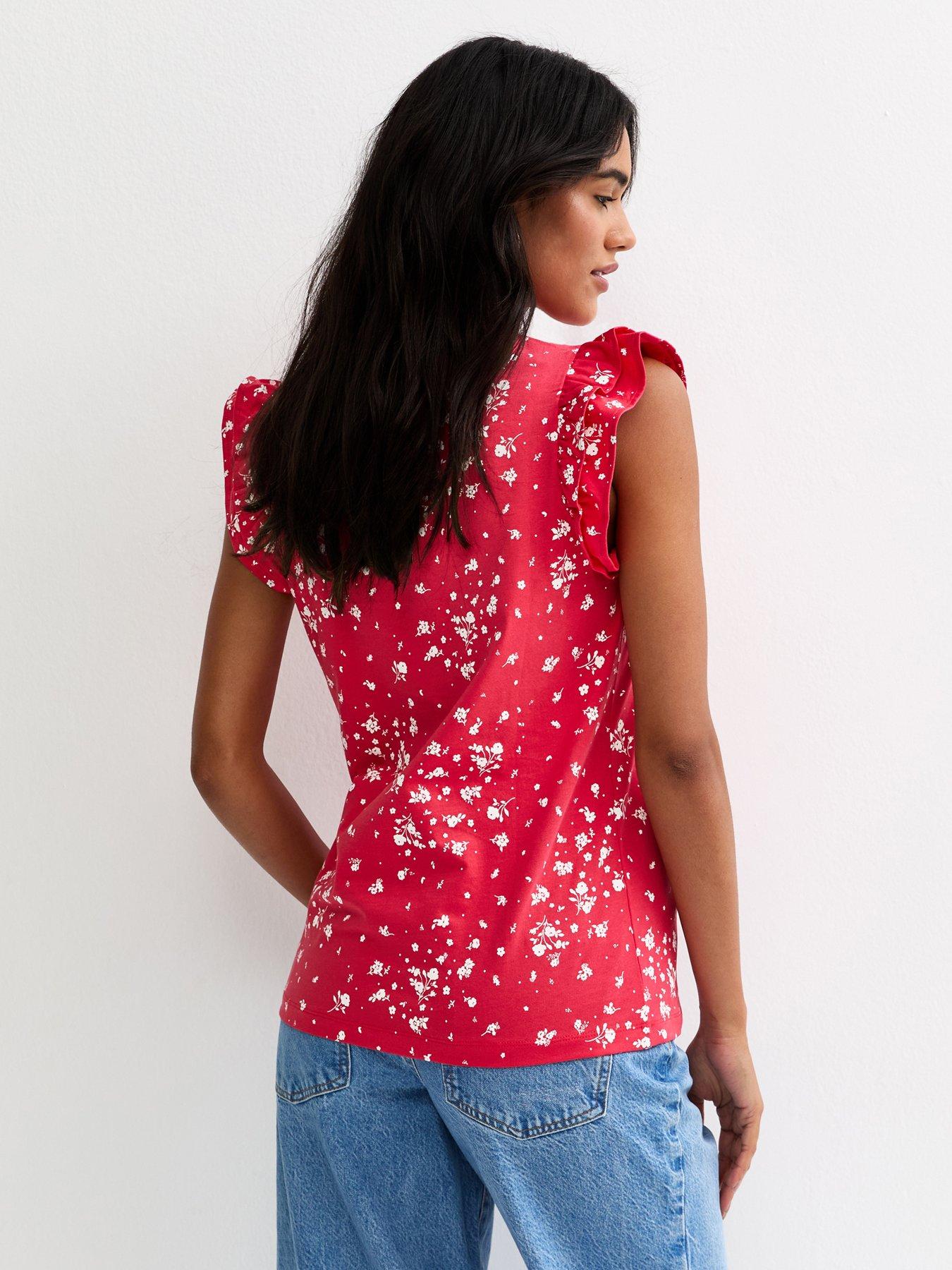 Image 2 of 4 of New Look Ditsy Frill Sleeve Top - Red