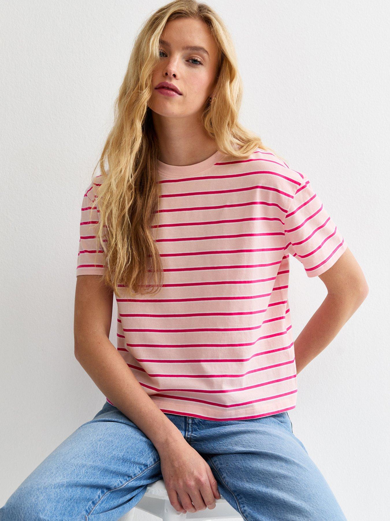 New Look Striped Boxy Fit T-Shirt - Pink
