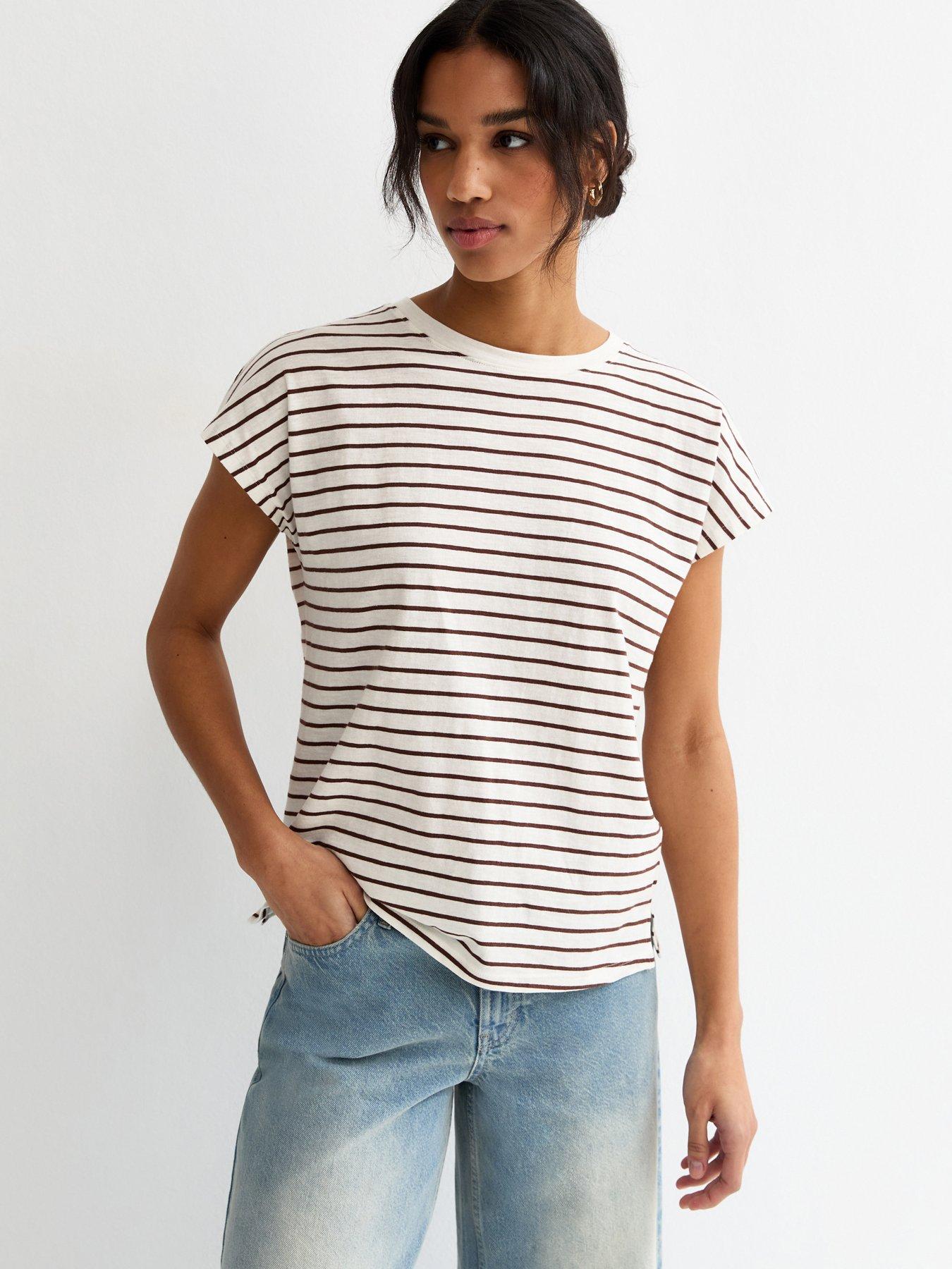 New Look Cotton Striped Grown On Sleeve T-Shirt - Brown