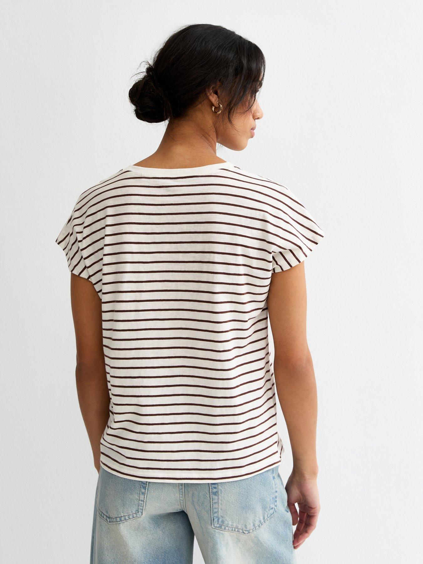 Image 2 of 5 of New Look Cotton Striped Grown On Sleeve T-Shirt - Brown