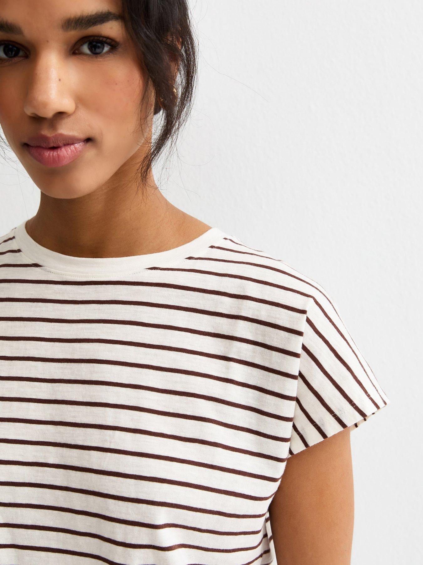 Image 4 of 5 of New Look Cotton Striped Grown On Sleeve T-Shirt - Brown