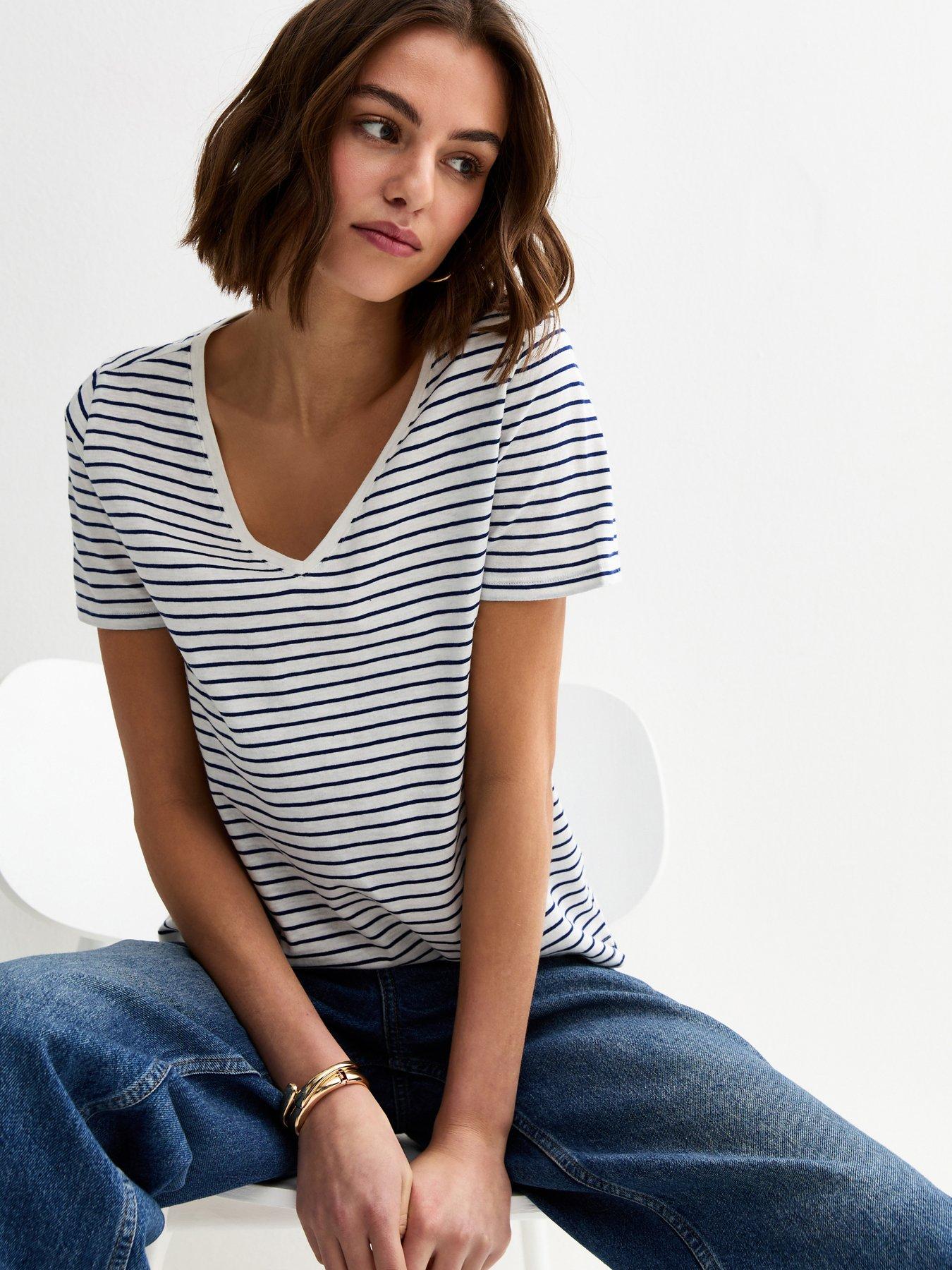 New Look Striped V Neck T-Shirt - Cream