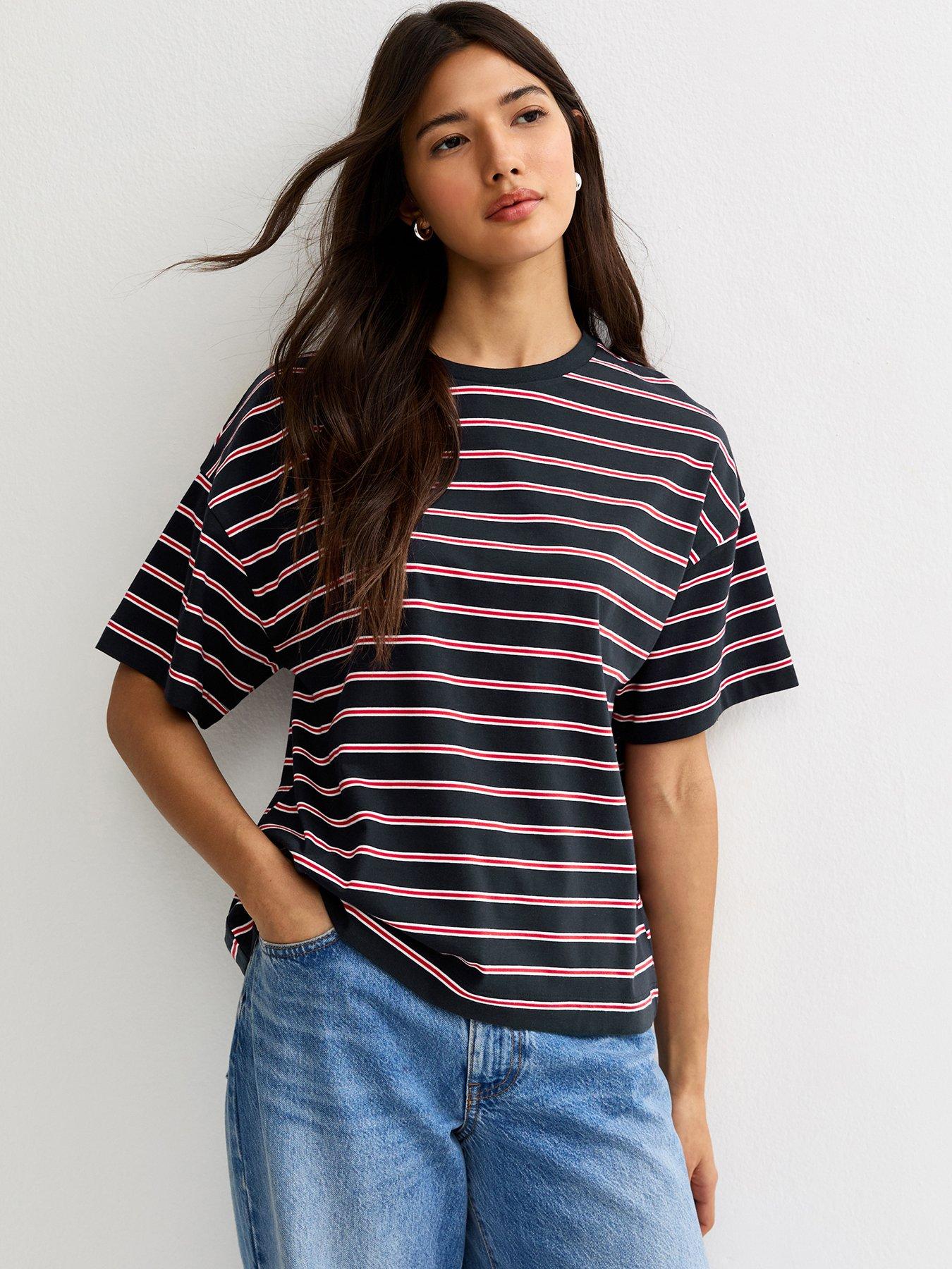 New Look Navy Striped Boxy Crew Neck T-Shirt - Blue