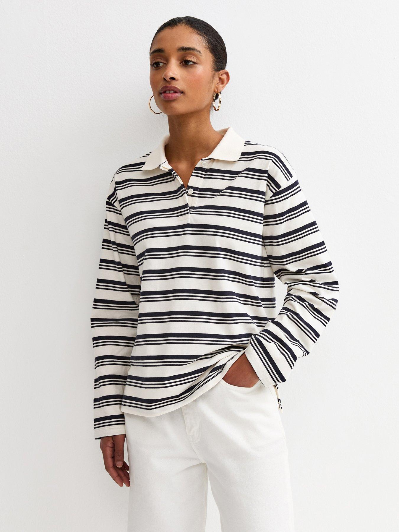 New Look Cotton Striped Long Sleeve Rugby Top - Cream