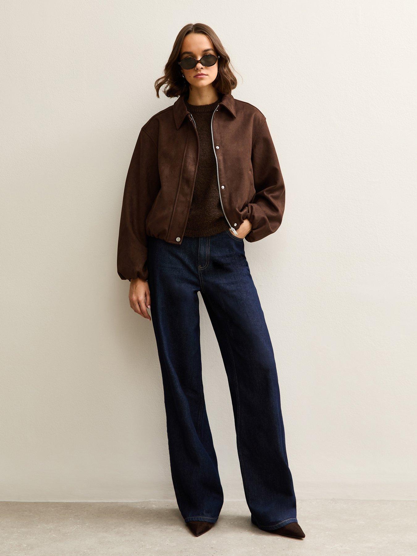 Image 3 of 5 of New Look Faux Suede Bubble Hem Jacket - Brown