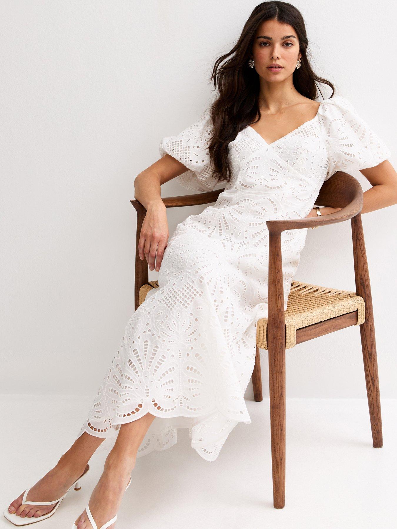 Image 3 of 6 of New Look Cutwork Tie Back Midi Dress - White