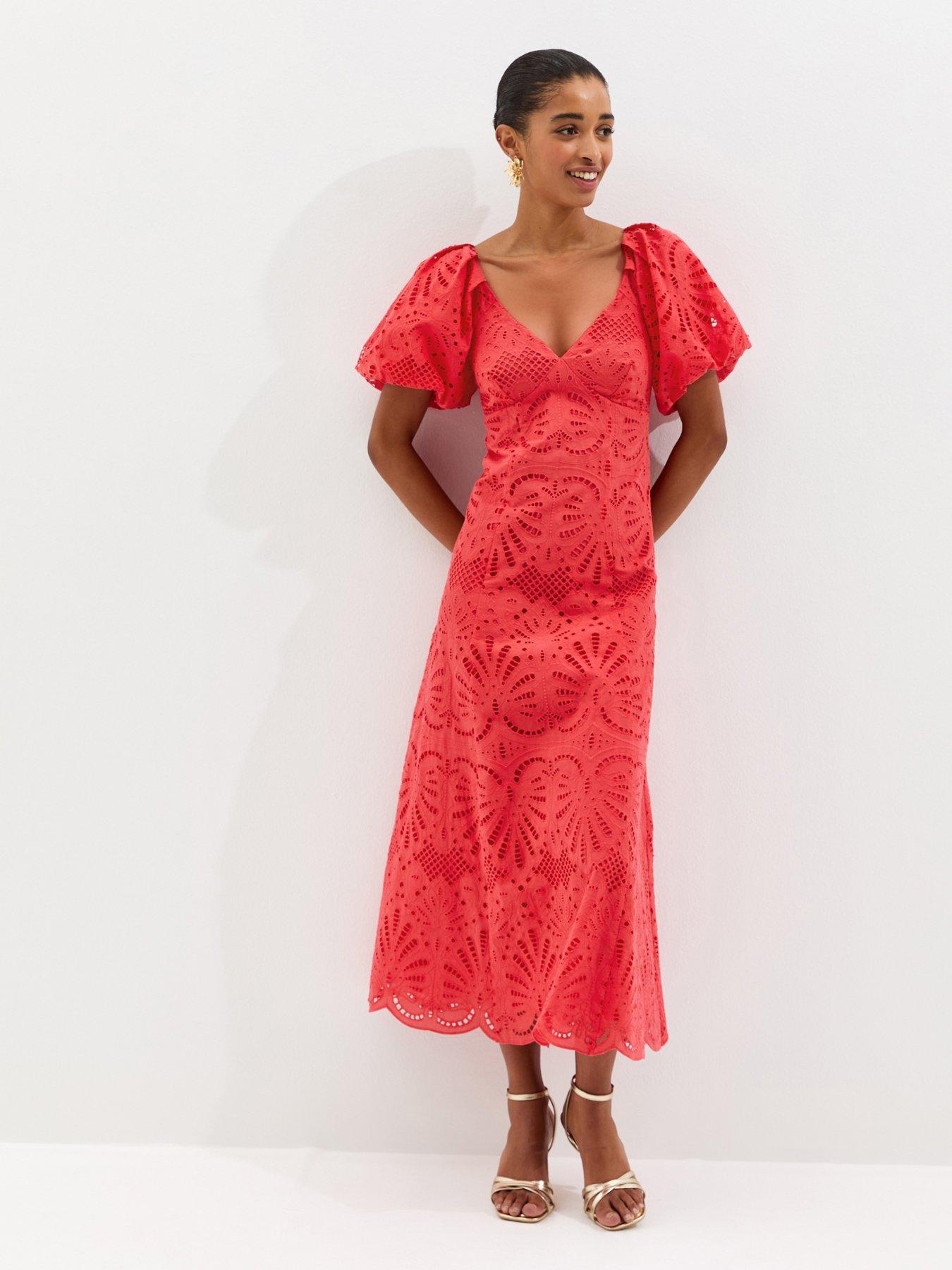 New Look Cutwork Tie Back Midi Dress - Dark Coral