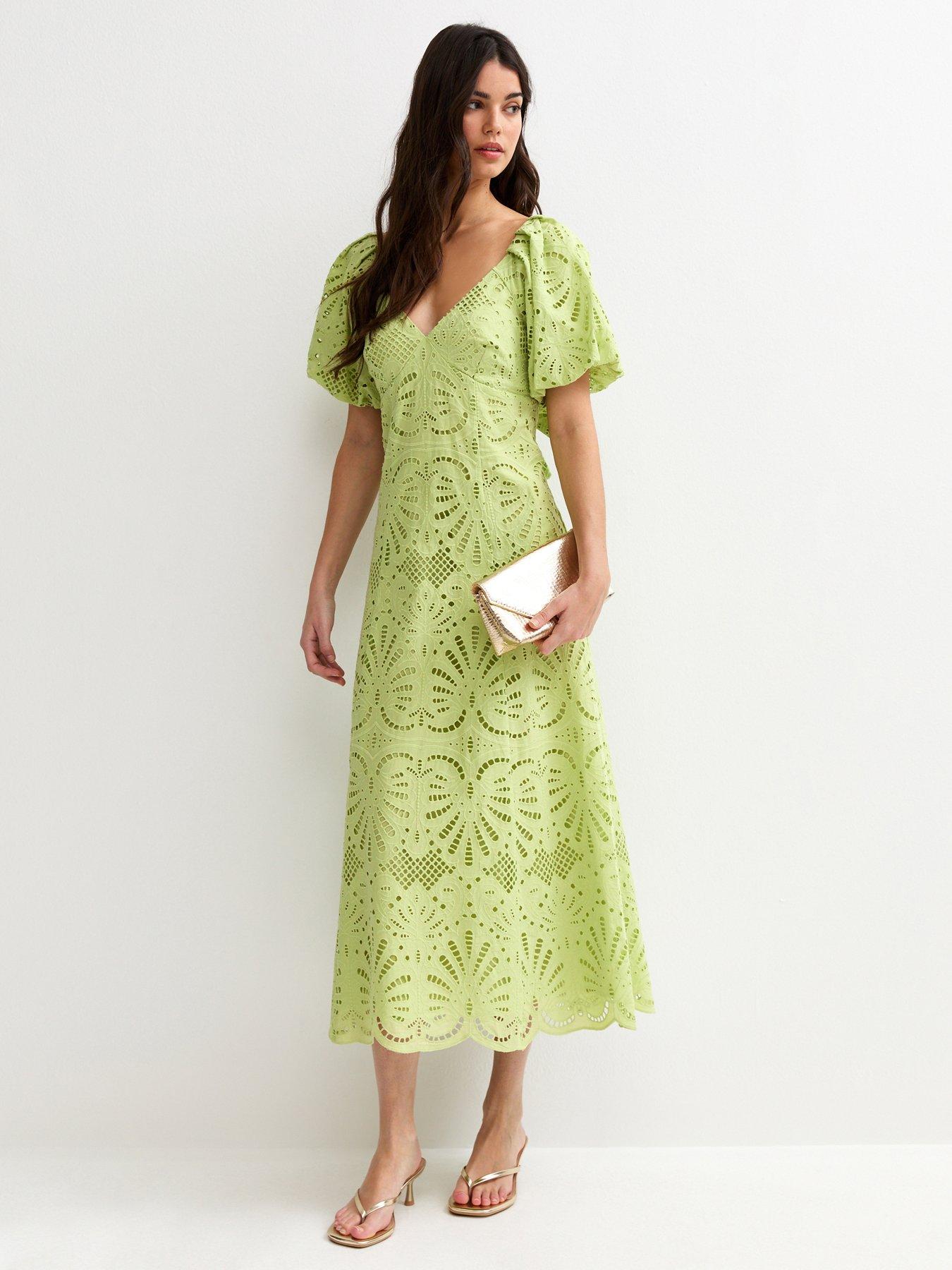 light green midi dress with sleeves REIGN Puff-Sleeve Dobby Dot Midi Dress (Sage Green) – 1930 Clothing main image 0