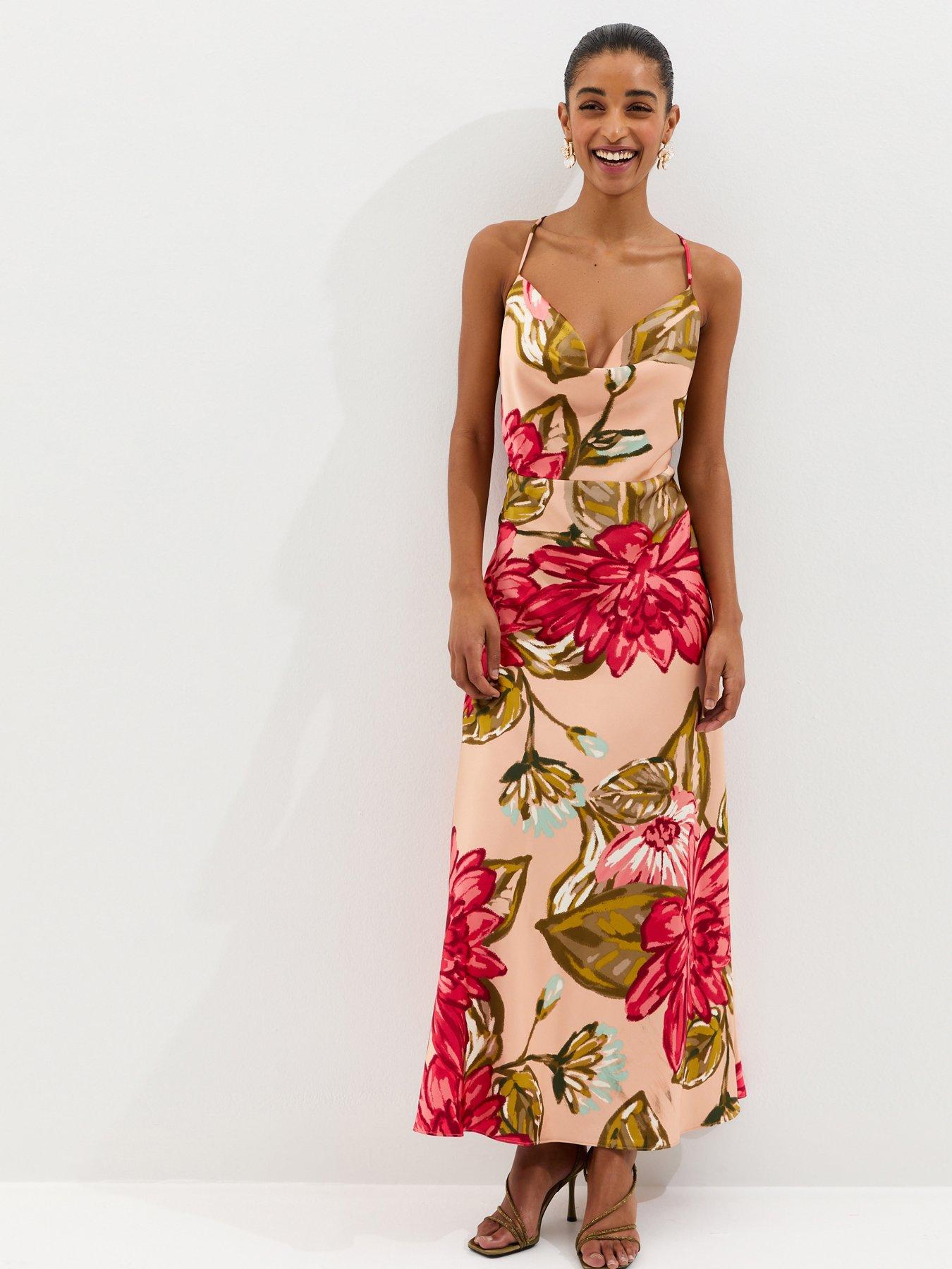 New Look Satin Large Florals Cowl Neck Maxi Dress - Coral