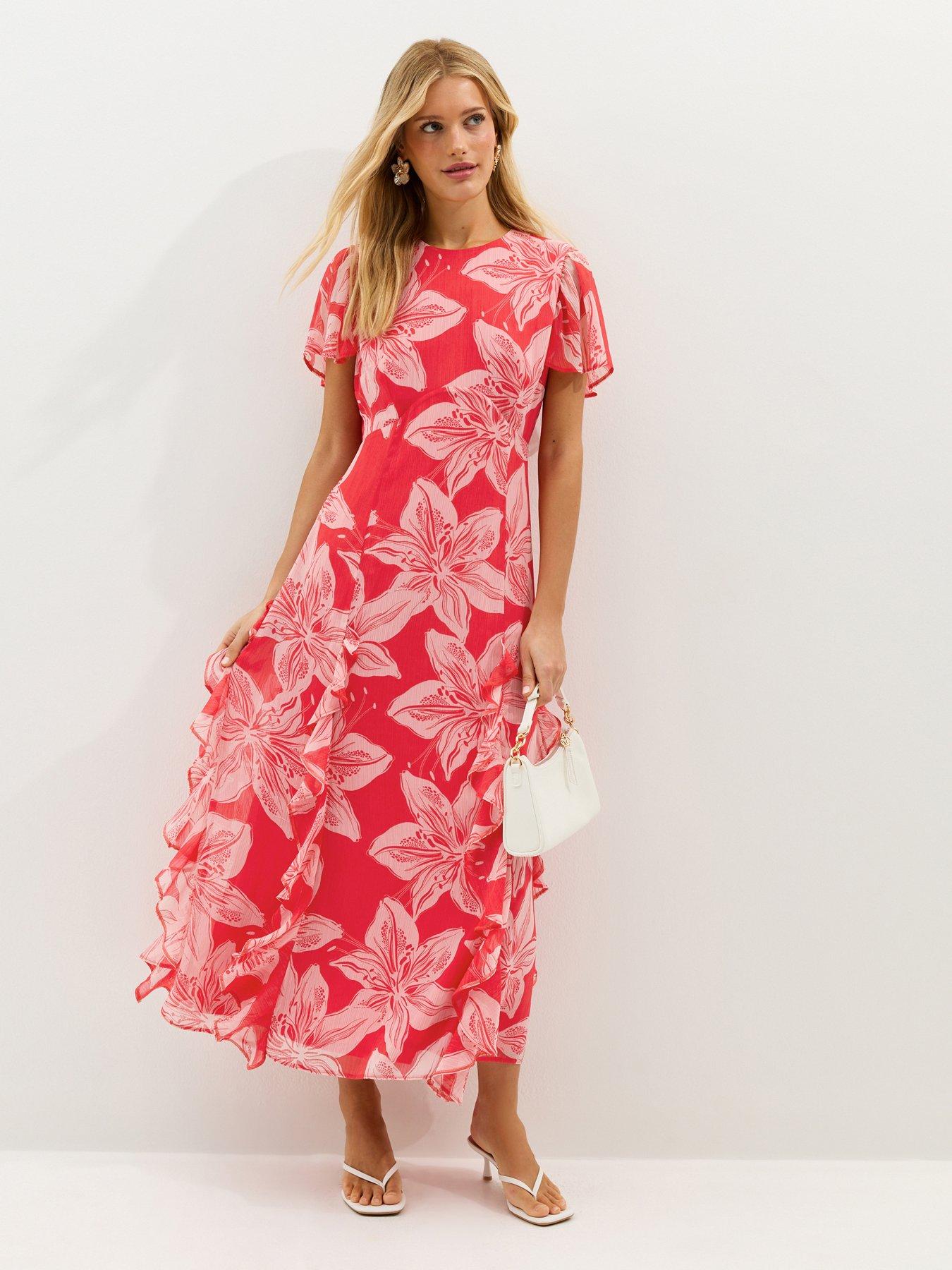New Look Red And Orchid Godet Chiffon Midi Dress - Pink